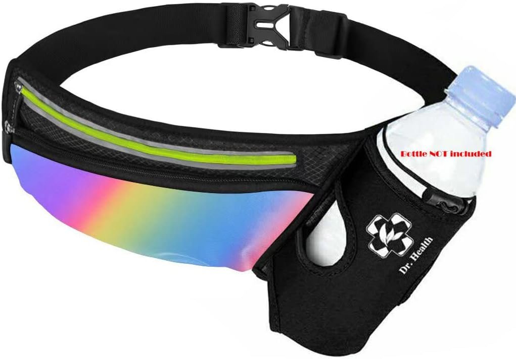 Running Belt Sport Waist Pack/Pouch w/Water Bottle Holder Hydration Fanny Pack Reflective Stripes Cellphone Storage Earphone hole for Dog walker Hiking Travel Adjustable Women/Men (Rainbow Stripes)