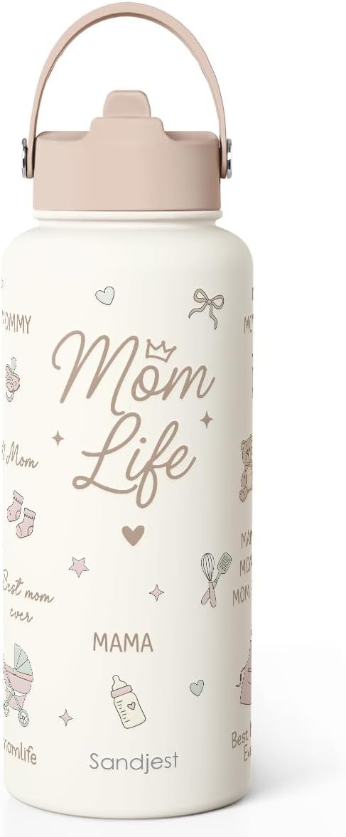 Gift for Mom, Mom Life Water Bottle Stainless Steel 32oz with Lid & Straw, Insulated Bottles Gifts for Mother Friends Women Mother’s Day