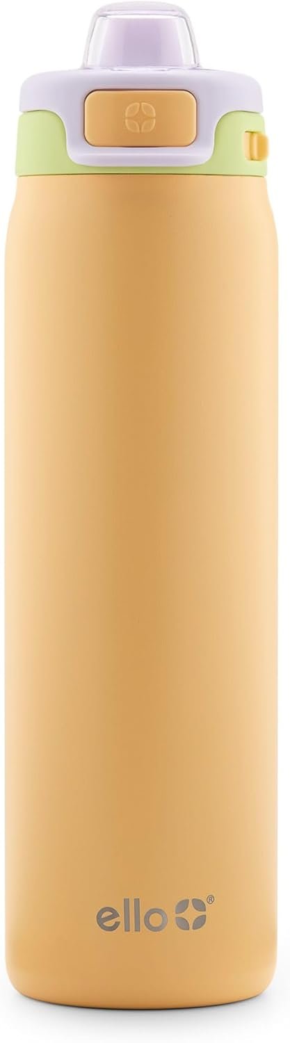 Ello Pop & Fill 22oz Stainless Steel Water Bottle with Quick Fill Technology, Double Walled and Vacuum Insulated Metal, Leak Proof Locking Lid, Sip and Chug, Reusable, BPA Free, Sunset Meadow