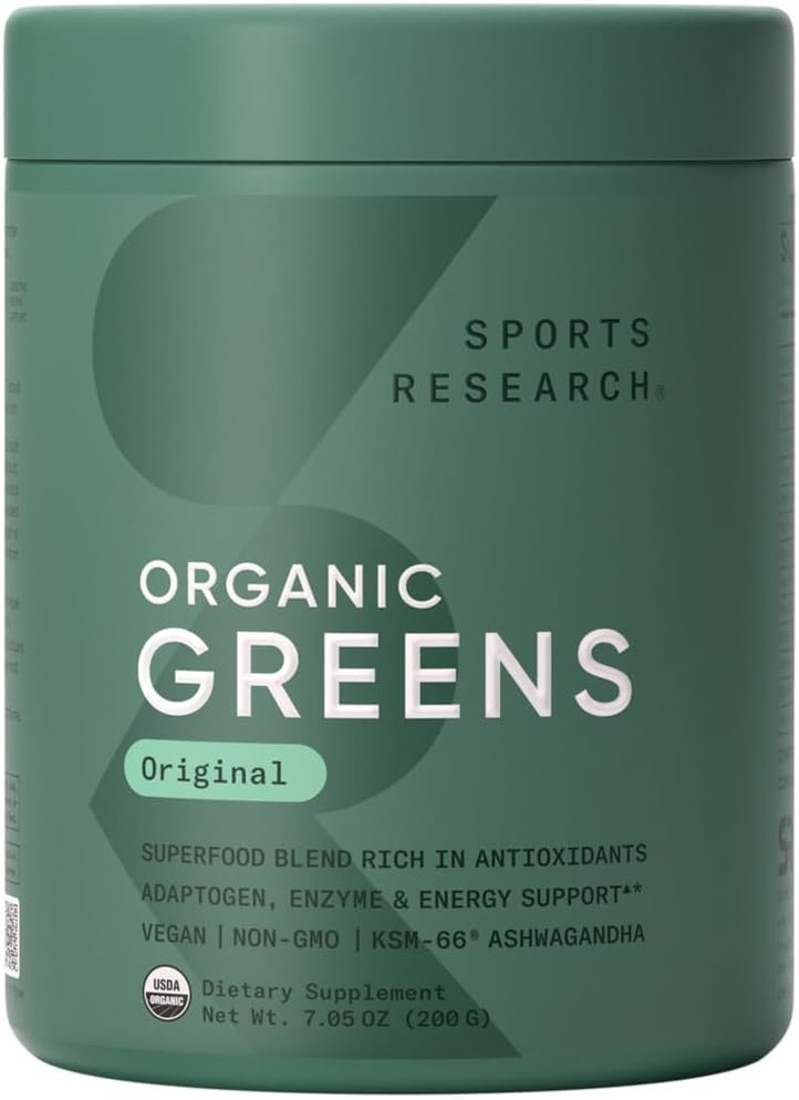 Sports Research® Organic Greens Superfood Powder w/Spirulina & Chlorella, Adaptogens, Enzymes, Probiotics & 8 VIT Bs for Gut & Mood Support* – Vegan, Sugar-Free & Low-Cal Original 20 Servings