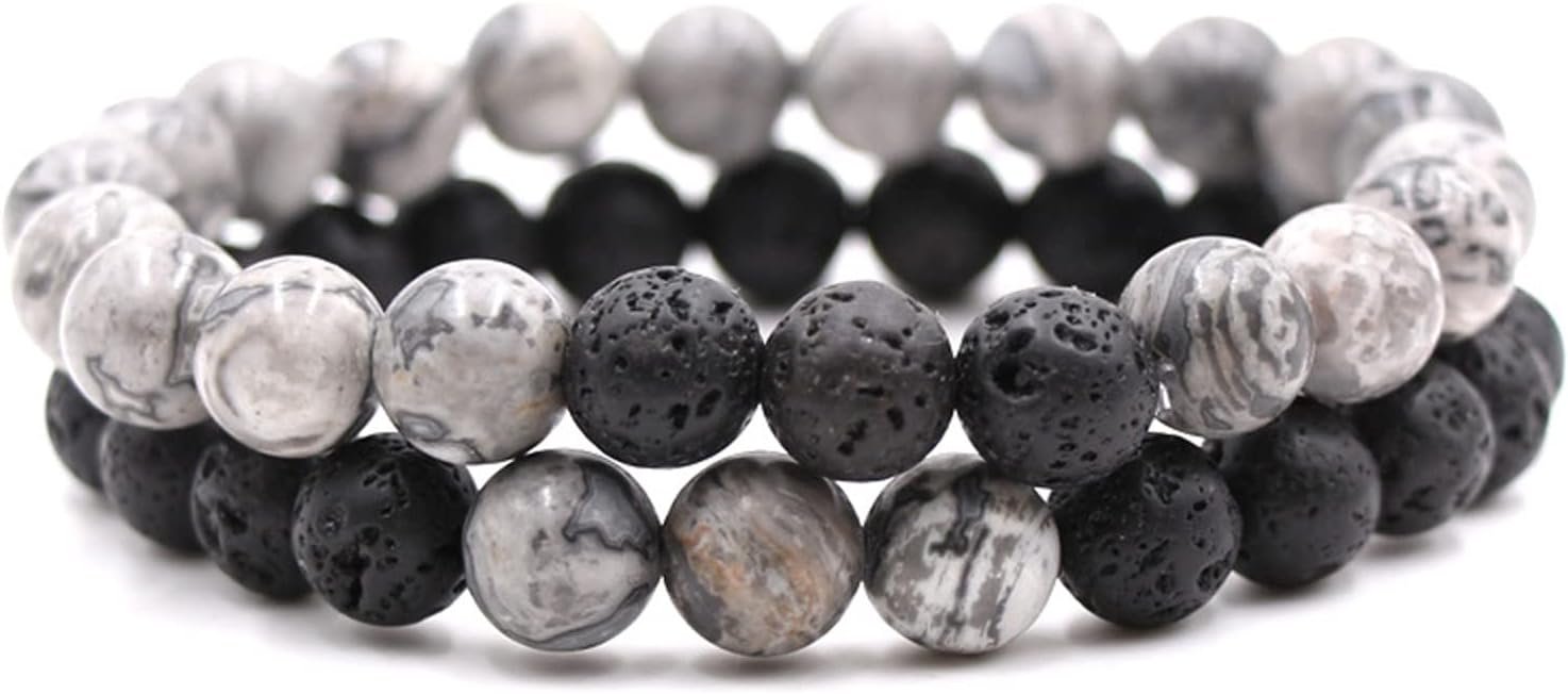 Caiyao 2Pcs Matte Lava Rock Volcanic Stone Beads Stretch Bracelet Stacking Essential Oil Diffuser Tiger Eye Seed Energy Yoga Bracelet for Men Women Couple Stress Relief Healing Aromatherapy Jewelry