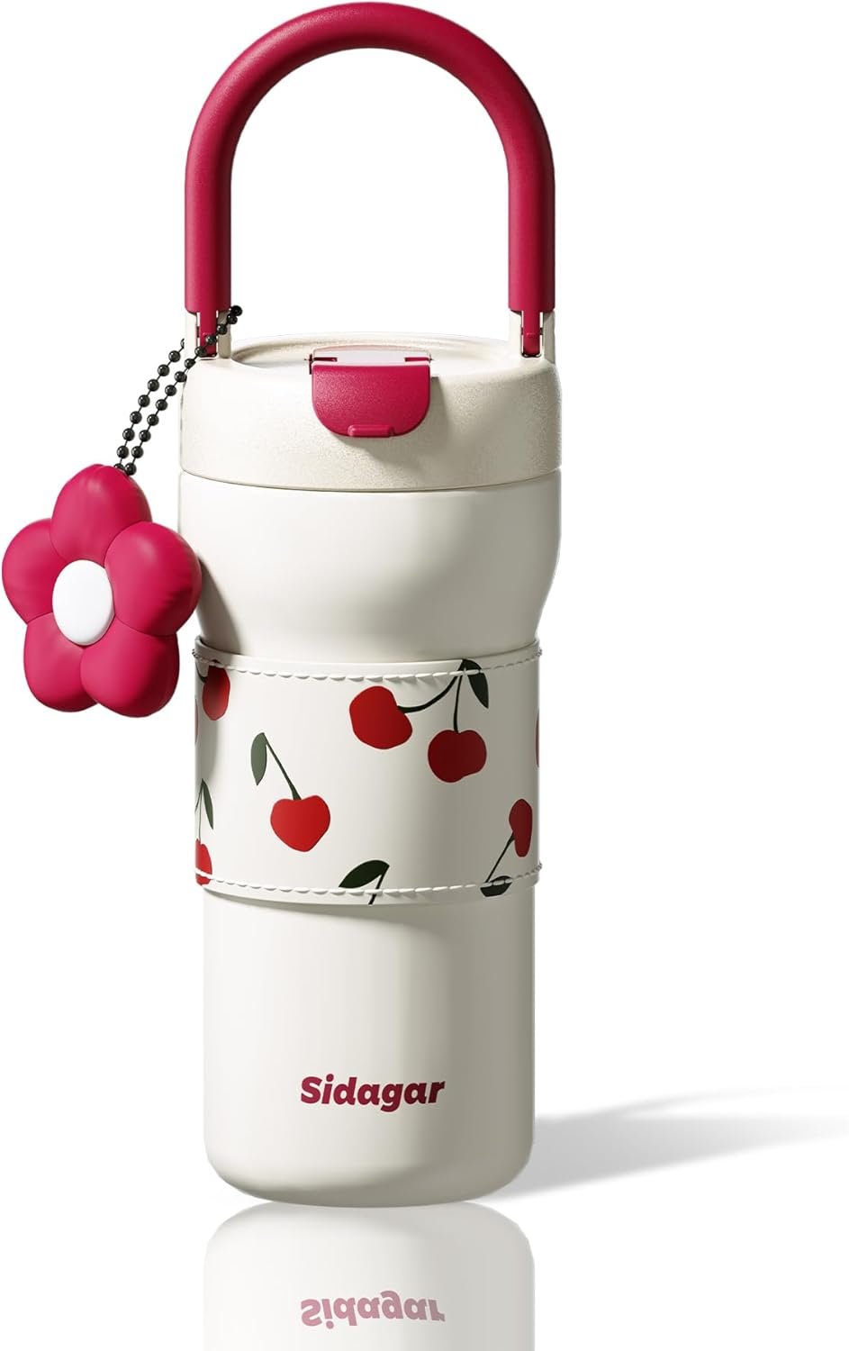 24 oz Tumbler with Handle and Straw, Stainless Steel Insulated Water Tumbler, Aesthetic Fruit Print Coffee Mug for Women, Yoga, Commute, Cherry Charm – Pearl White