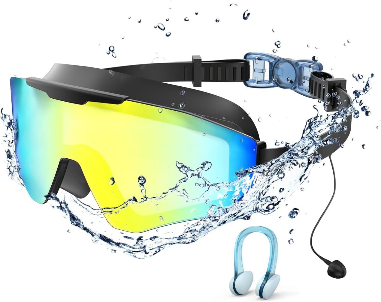 Swim Goggles with Earplugs, Wide View Anti UV Fog Swimming Goggles, 3-Color UV Lens Swim Glasses for Men Women Kids