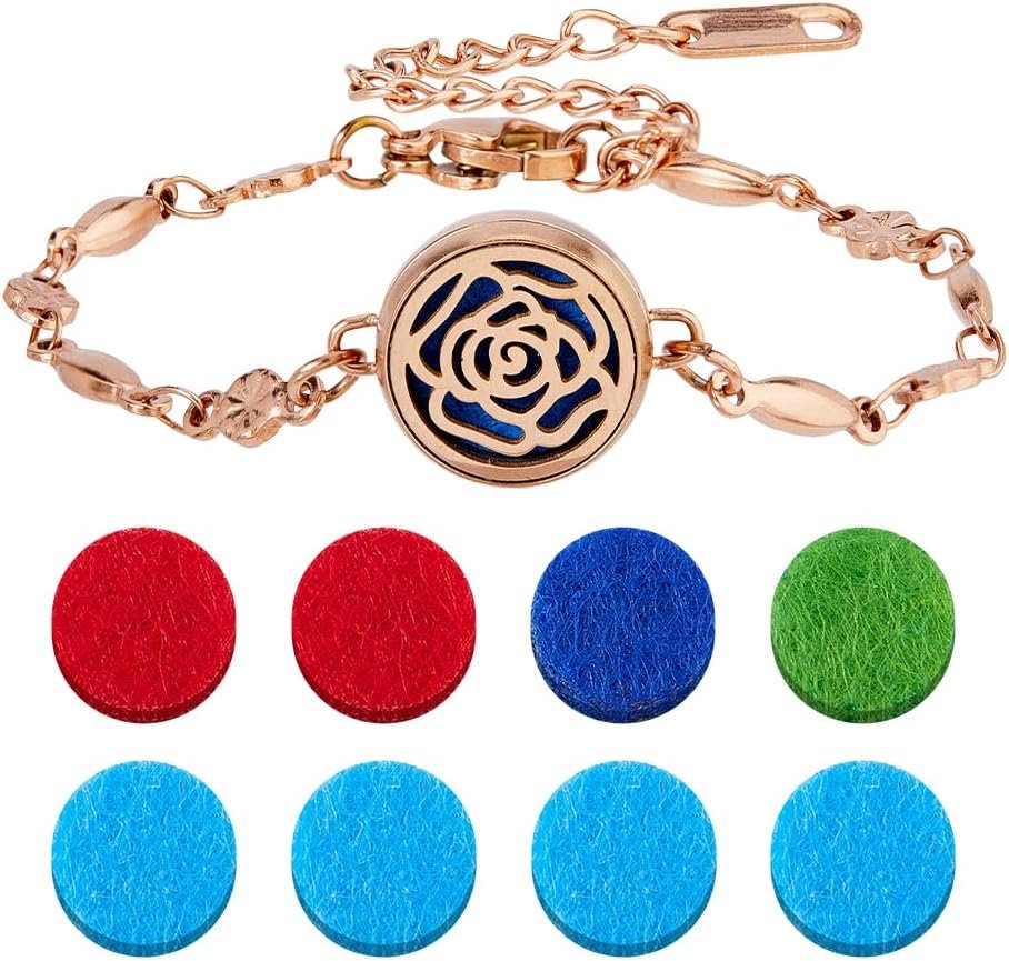 1Pc Essential Oil Diffuser Bracelets Flower Stainless Steel Aromatherapy Bracelets 13.5cm Long Adjustable Oval Link Diffuser Bracelet with 8pcs Refill Pads for Women