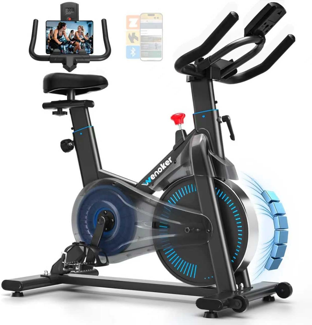 Exercise Bike, Wenoker Magnetic Stationary Bike for Home App Sync Indoor Bike with Adjustable Seat and Handlebar, Transport Wheels and Fitness Courses for Weight Loss