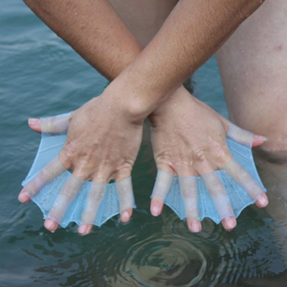 2Pcs Blue Silicone Swim Gear Fins Hand Webbed Flippers Training Glove Fingers Hand Palm Webbed Flippers Training Gloves Water Resistance Swimming Aquatic Gloves