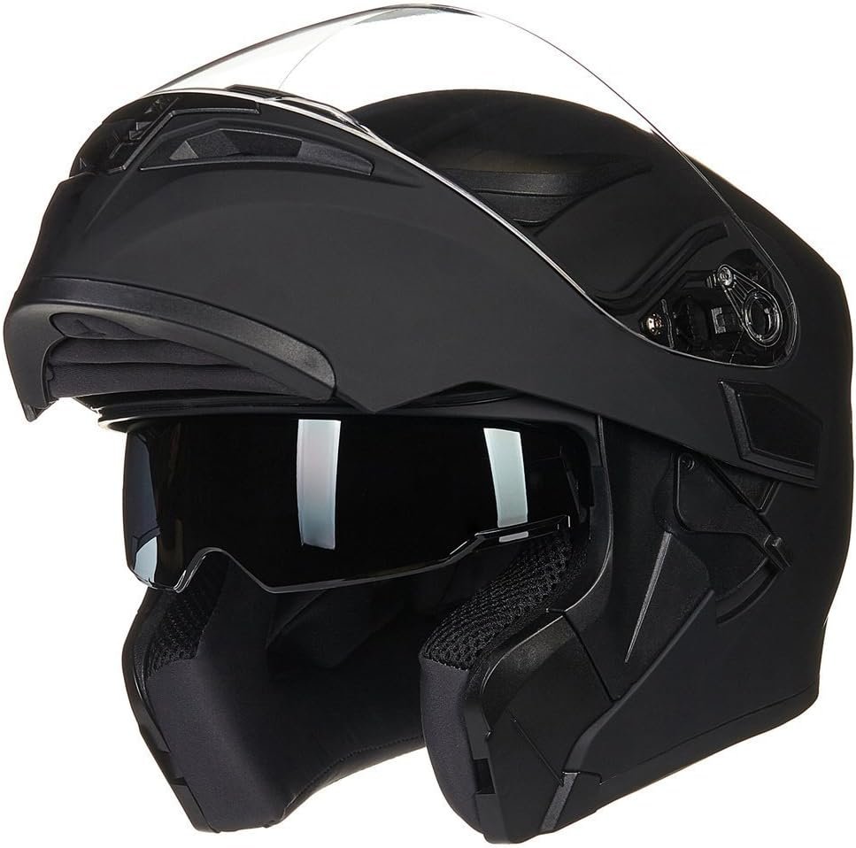 ILM Motorcycle Dual Visor Flip up Modular Full Face Helmet DOT with 6 Colors Model 902 (L, Matte Black)