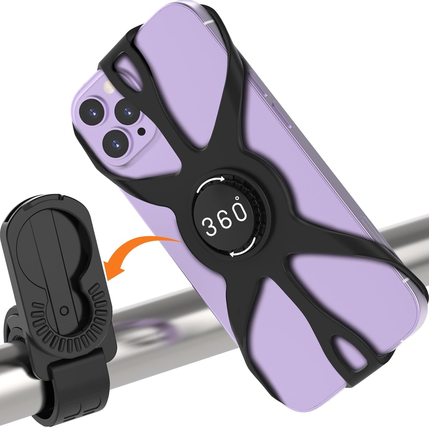 Bike Phone Holder, Motorcycle Cell Phone Mount- 360° Rotatable, Silicone Bicycle Phone Mount for Motorcycle Bicycle Scooter, for 15 Pro Max / 14/13, S10 and More 4.7-6.8″ Phone