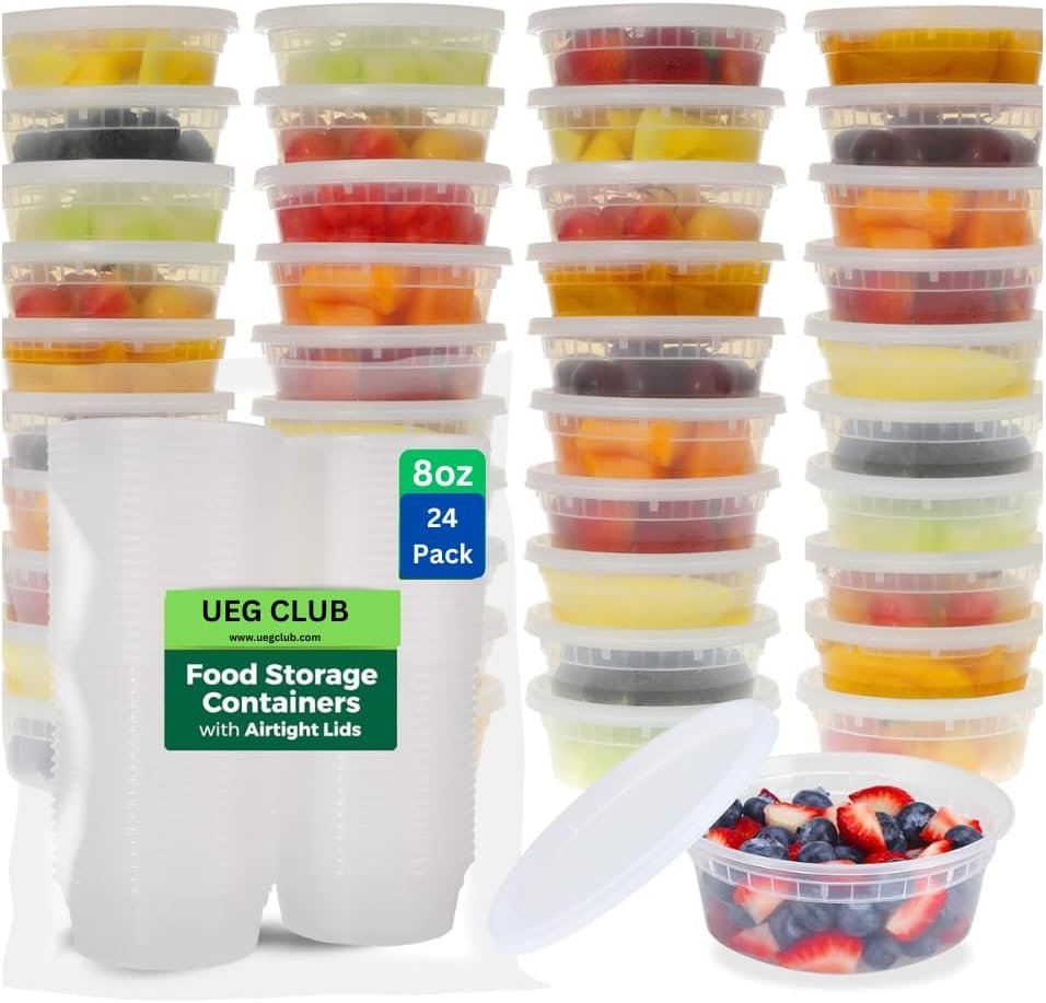 Food Storage Containers [24 Set] 8 oz Plastic Deli Containers with Lids, Slime, Soup, Meal Prep Containers | BPA Free | Stackable | Leakproof | Microwave/Dishwasher/Freezer Safe