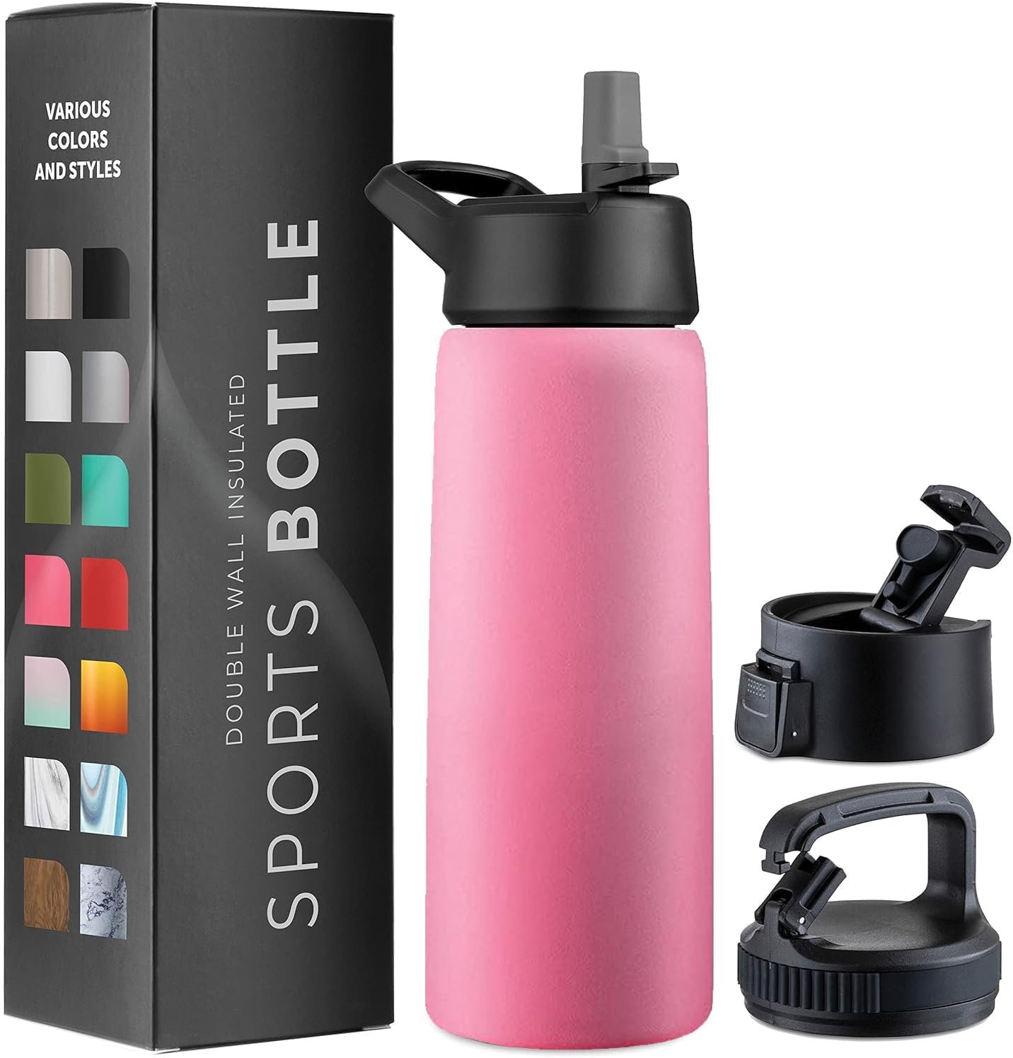 25 Oz Triple Walled, Insulated Water Bottles with Straw – Stainless Steel Metal Bottle W/ 3 Leak Proof Lids – For Travel, School, Sports, Gym/Men, Women (Striking French Rose)