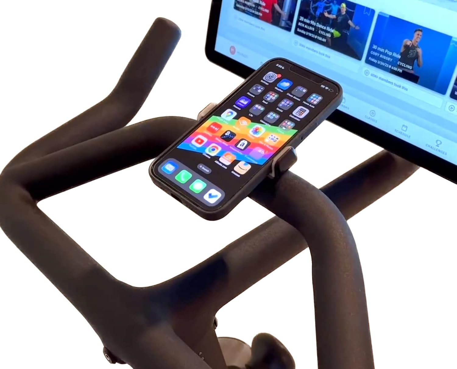 Phone Holder Compatible with Peloton Bike & Bike Plus – Secure Fit and Easy One-Hand Operation – 360 Degree Rotation – Mount for Stationary Exercise Bikes – Compatible with iPhone & Android Phones.