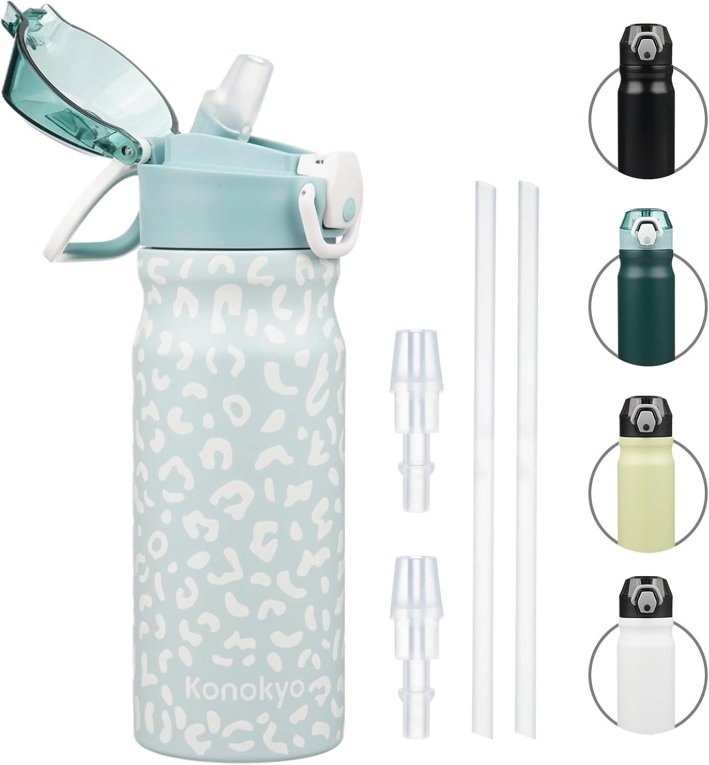 Konokyo Insulated Water Bottle with Straw and Carry Loop,18 oz Stainless Steel Double Wall Vaccum Metal Water Flask with Leak-proof Lid,Light Blue Leopard