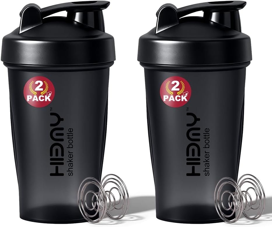[ 2 Pack 400 ml / 12 OZ Protein Shaker Bottles for Protein Mixes, 2 x Whisk Ball | Shaker Cups for Protein Shakes | BPA Free, 100% Leak Proof, No Smell | Small Shake Bottle (B) Black/Black