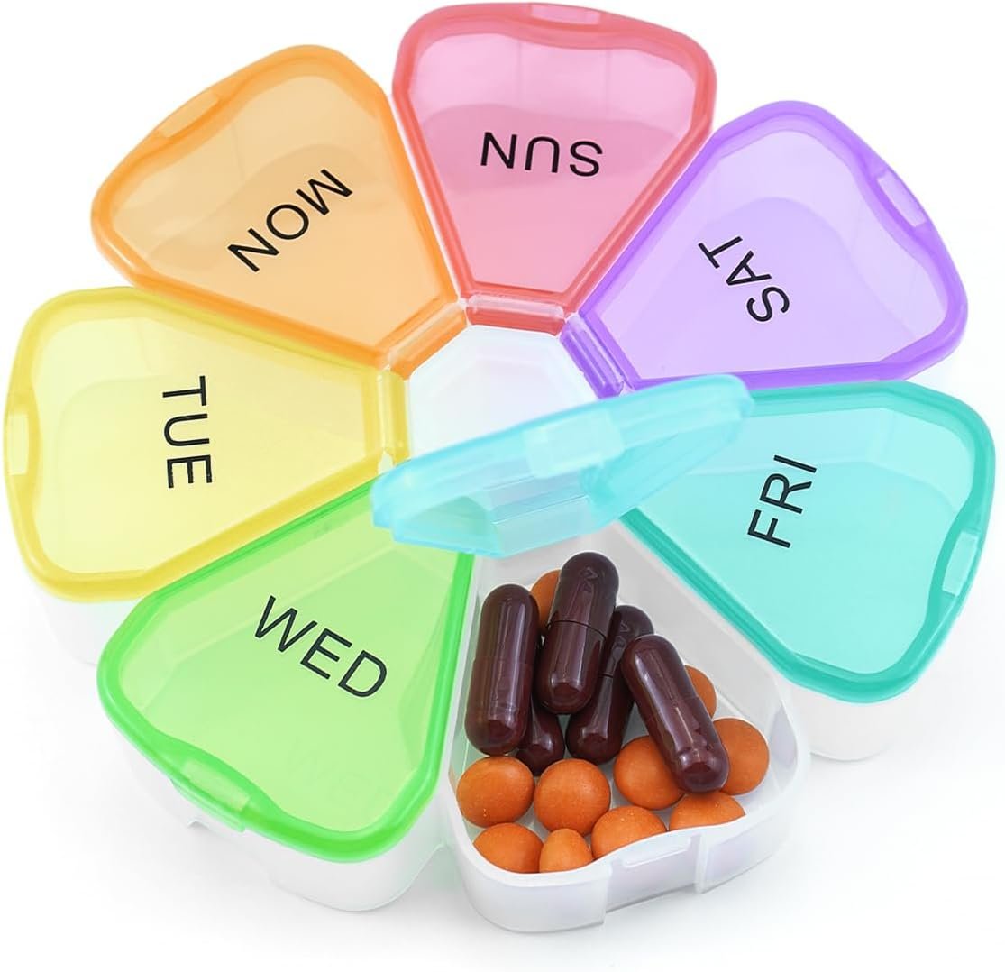 Quacc Cute Weekly Pill Organizer Travel 7 Day Portable Round Floral Pill Case Box Pill Container Medcine Holder for Large Vitamin Fish Oil Pill Medication Supplement Storage – Rainbow