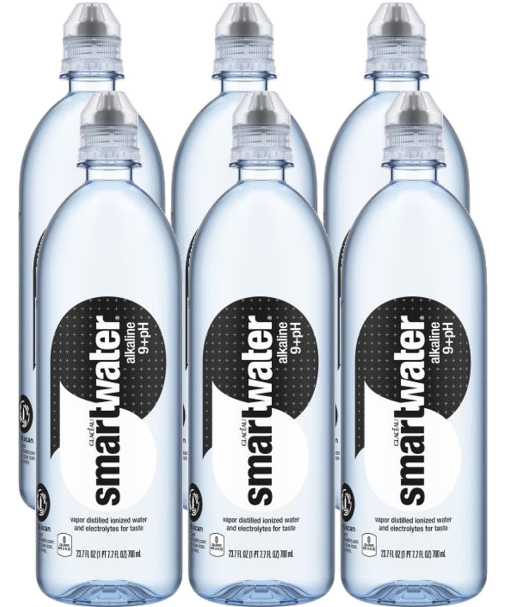 smartwater Alkaline 9+ph Water Bottle with Sports Cap, 700ml – 23.7 Fl Ounce (Pack of 6)