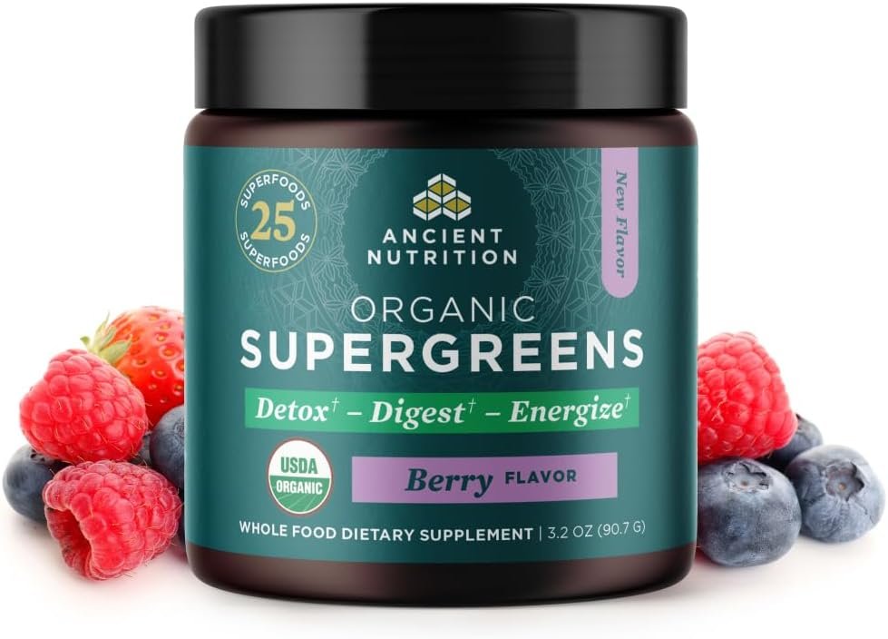 Ancient Nutrition SuperGreens Powder with Probiotics, Organic Berry Flavor Greens, Made from Real Fruits, Vegetables and Herbs, Digestive and Energy Support, 12 Servings, 3.2oz