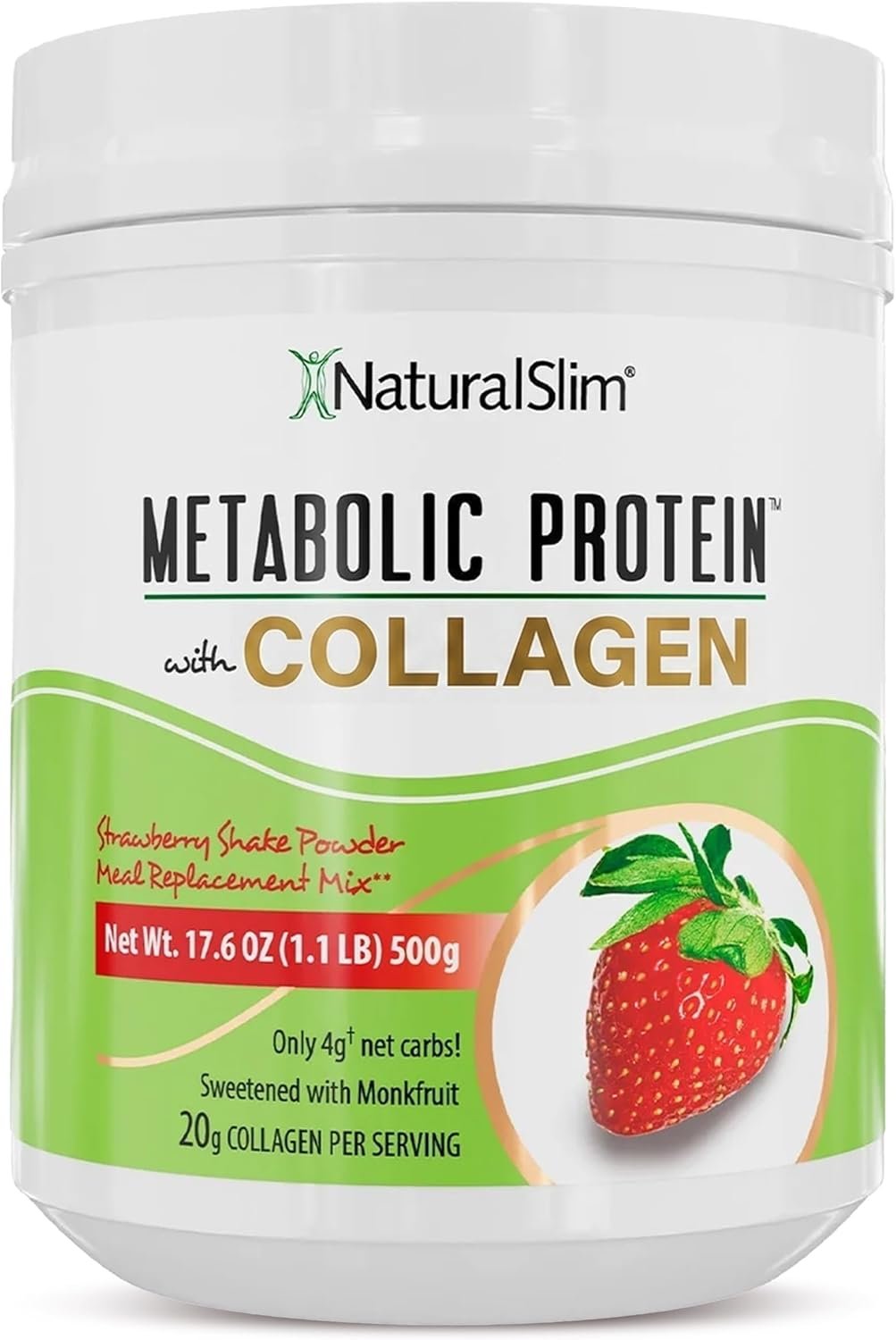 NaturalSlim Metabolic Protein Powder with Collagen, whey protein powder shake, Hydrolyzed Collagen with L-Glutamine for Metabolic Support, Digestion, Skin, Joints & Muscle, Low Carb 17.06oz Strawberry
