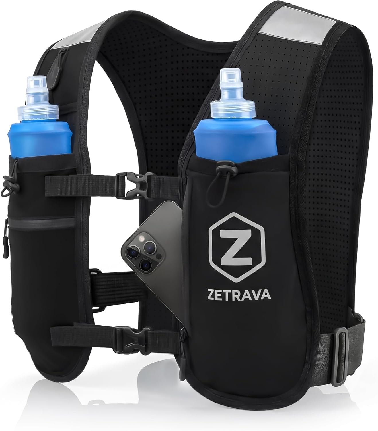 Adjustable Running Vest for Men Women – Running Hydration Vest with Two 500ml Bottles & Reflective Strips, Multiple Pockets & Bounce-Free Fit – Runners Vest for Marathon, Hiking & Cycling – Black