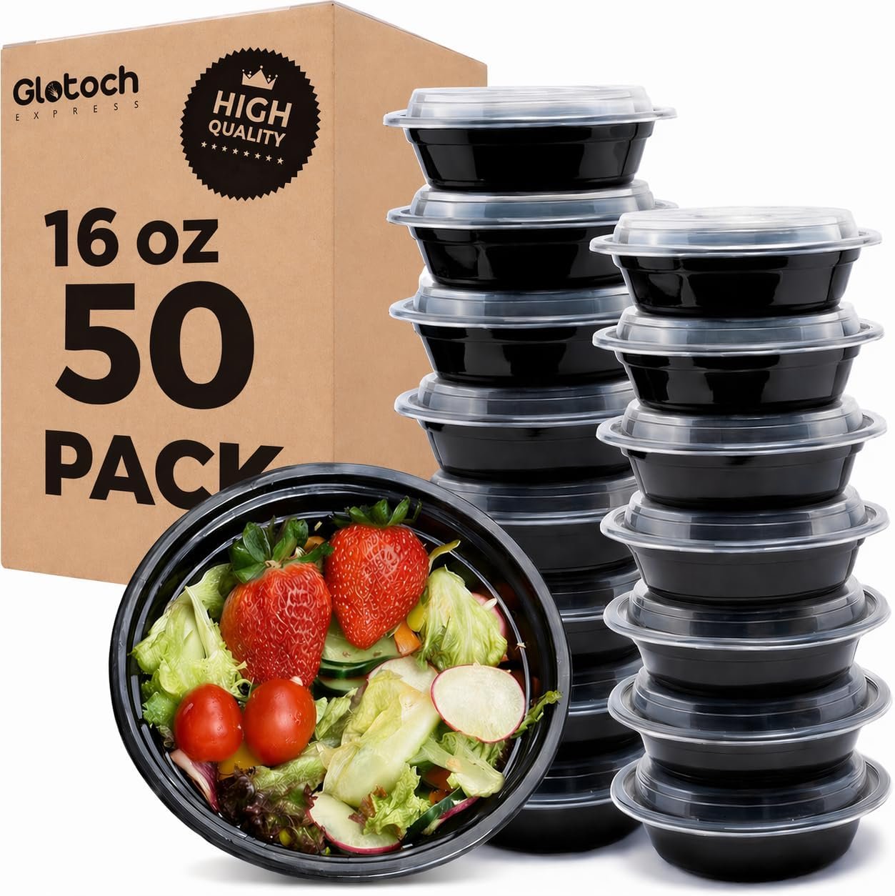 Glotoch 16 oz Meal Prep Containers with Lids (50 Pack) – Reusable & disposable plastic food storage containers, Leak-resistant bento boxes for salads, snacks and portion control