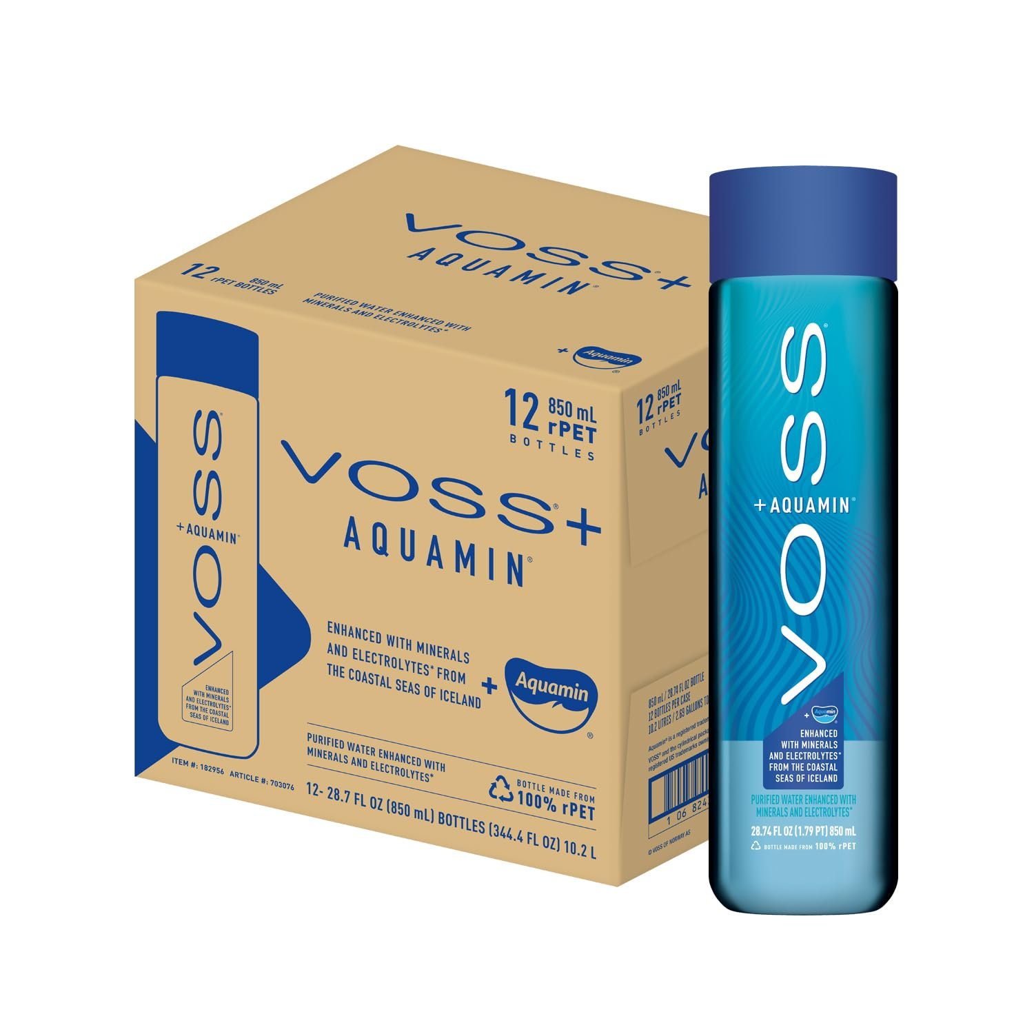 VOSS+ Aquamin Enhanced Water – Pack of 12 Bottles, 850ml Each – Purified Hydrating Water – 74 Trace Minerals & Electrolytes – Perfect for Active Lifestyles, at the Gym & on Hot Days – Recycled PET Bottle
