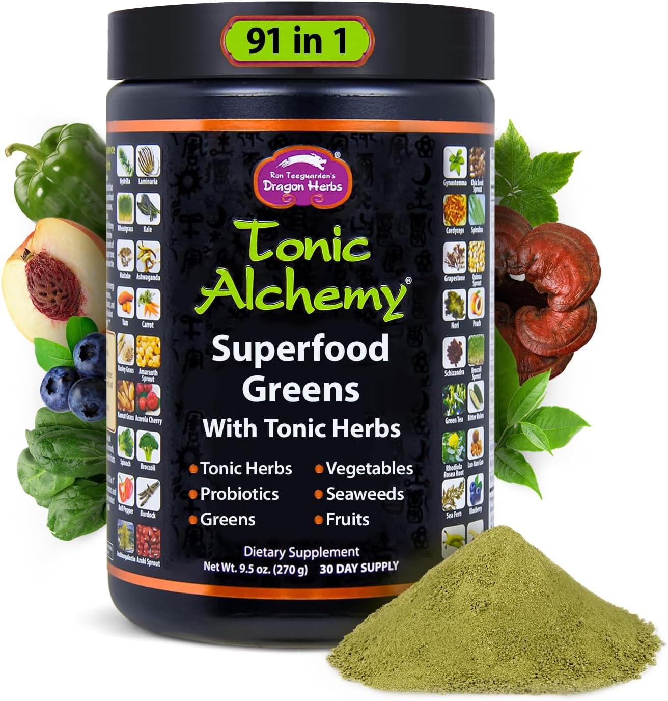 Dragon Herbs Tonic Alchemy Superfood Greens Powder with 91 Ingredients: Tonic Herbs, Ashwagandha, Mushrooms, Probiotics, Super Greens, Seaweeds, Fruits, Vegetables, Spirulina – 30 Servings