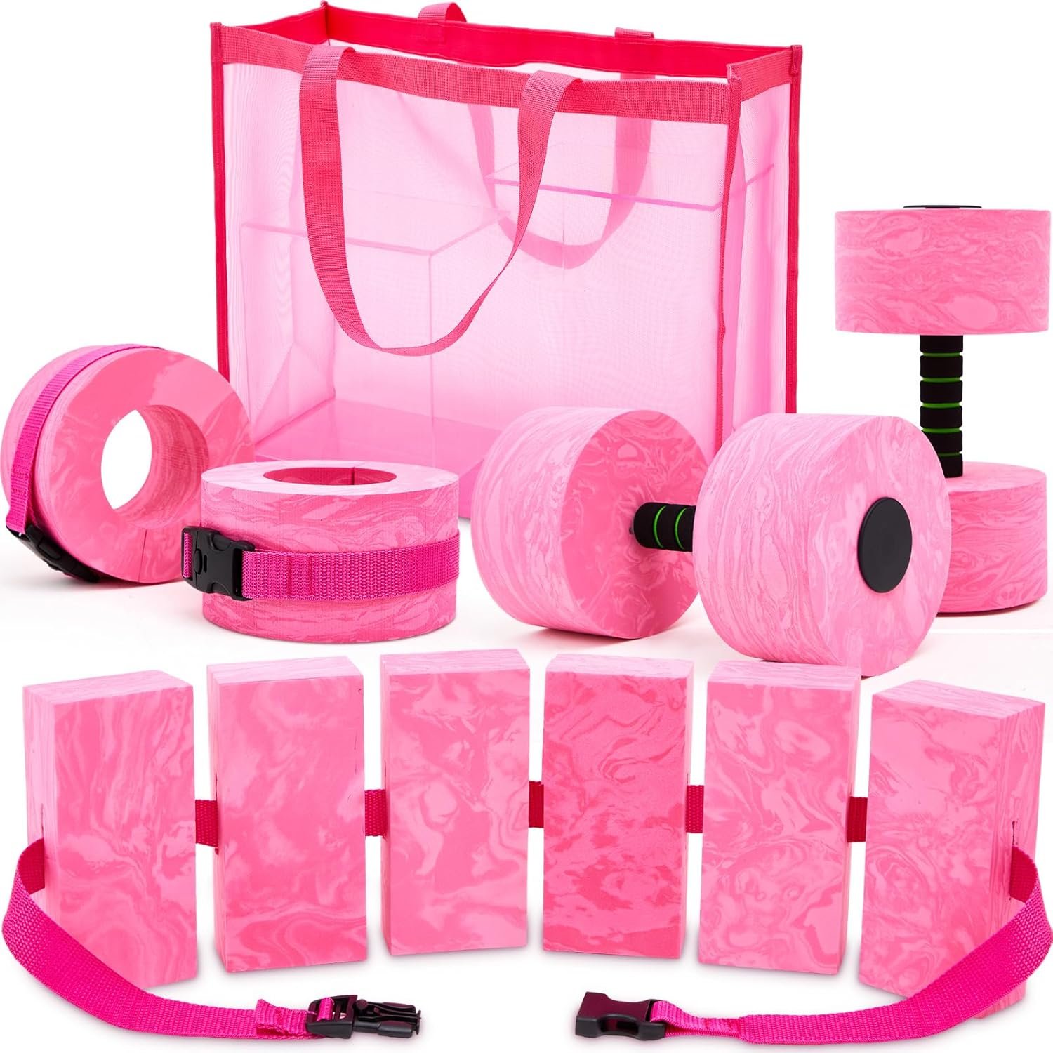 WinnerWhy 6 Pcs Aquatic Exercise Set Water Aerobics Set Large Mesh Beach Bag Pool Fitness Equipment Foam Water Dumbbell Ankle Swimming Weight Aquatic Swim Belt for Exercise Weight Loss