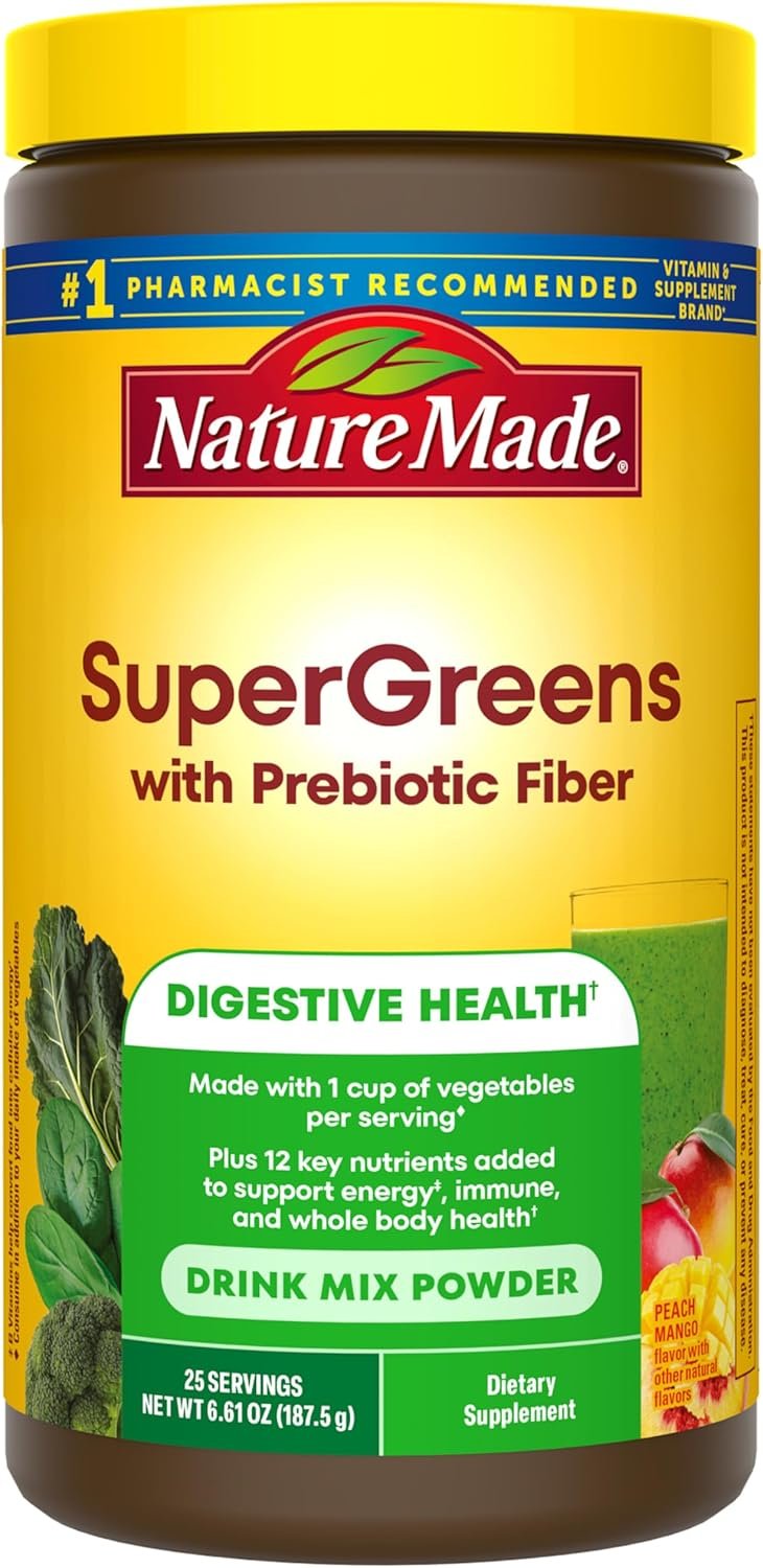 Nature Made Super Greens Powder with Prebiotic Fiber Drink Mix, Made with 1 Cup Veggies Per Serving, Fiber Supplement + Vitamins and Minerals, 25 Day Supply