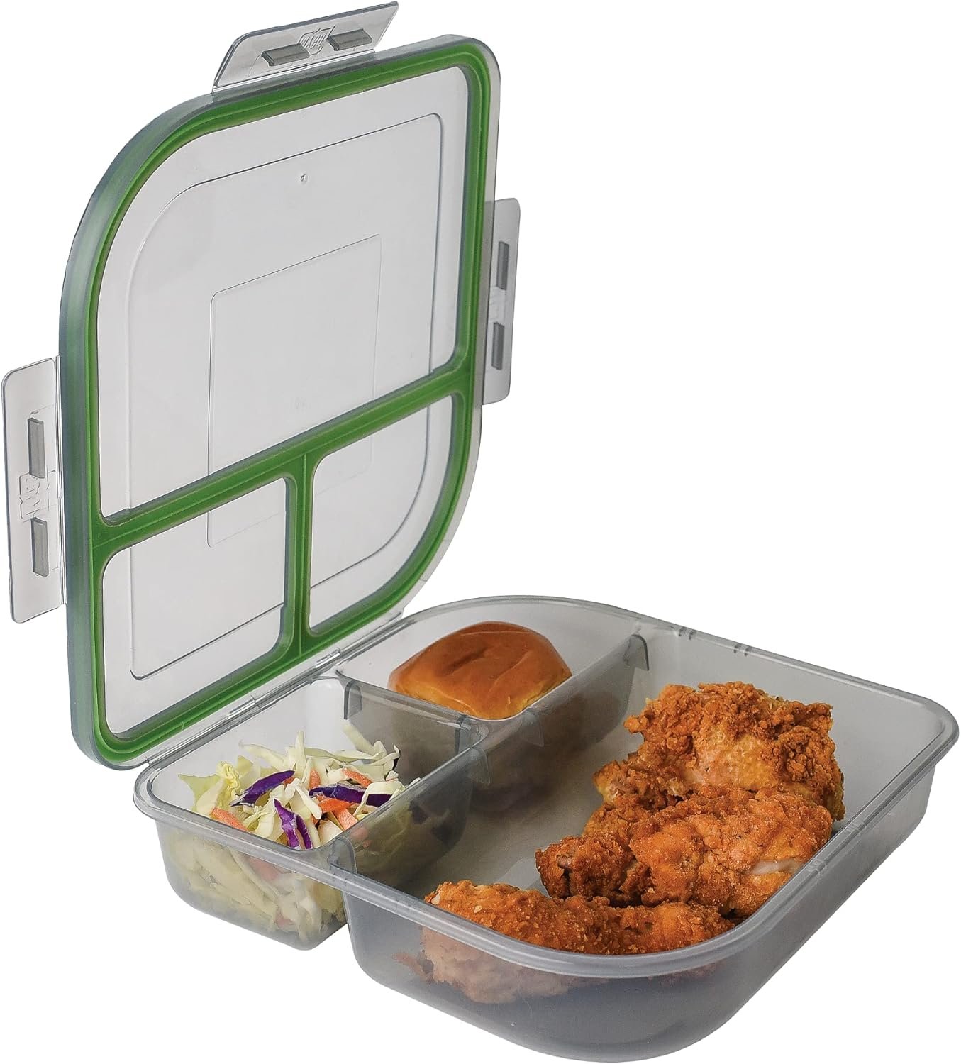 MyGo Container Large To-Go 3-Compartment Food Container, 9.4″ X 9.4″ X 2.5″, Reusable, Microwave Safe, NSF Certified, Smoke/Green
