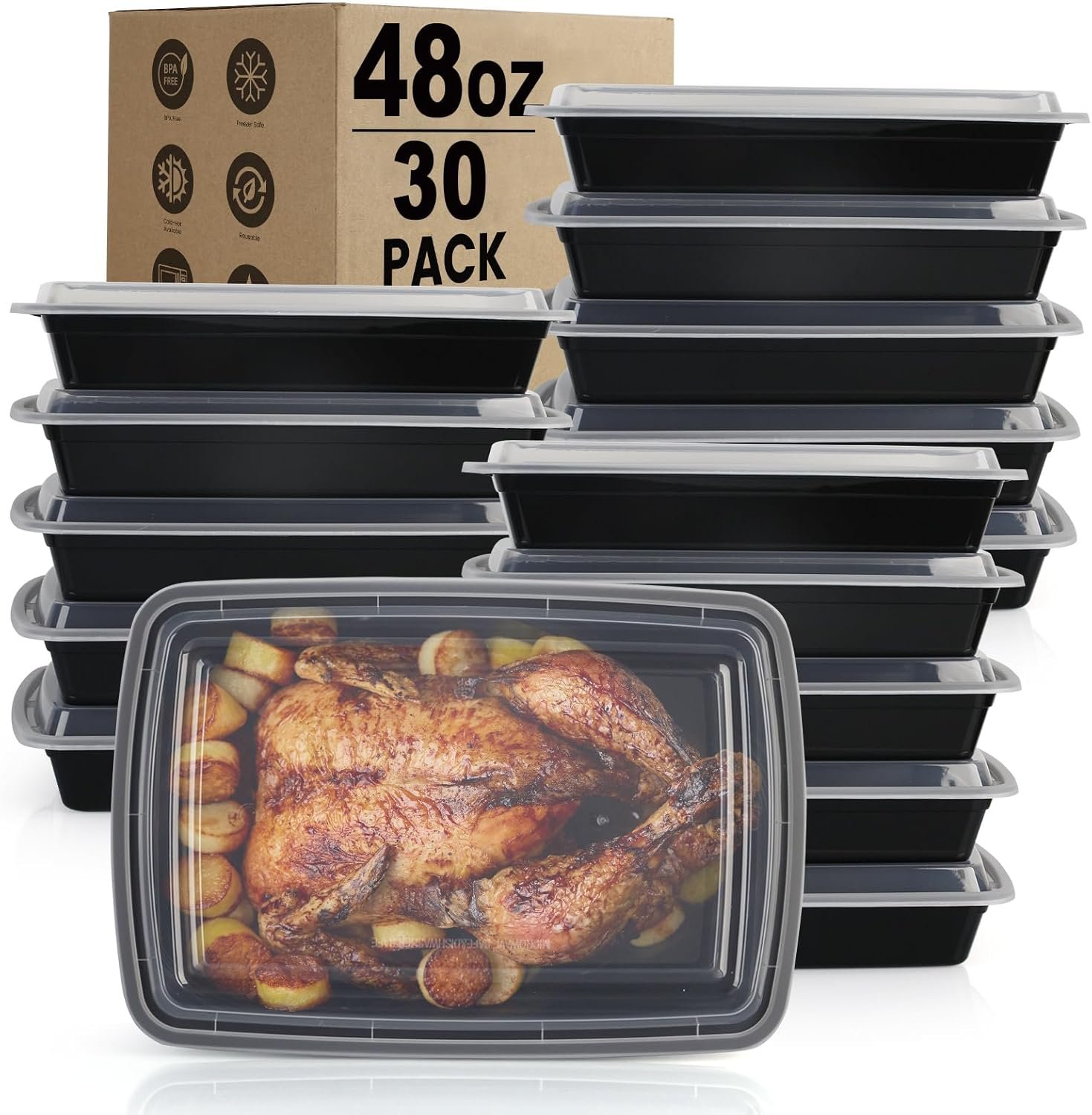 Meal Prep Containers Reusable – 48oz Food Storage Containers with Lids 30 Pack, To Go Food Containers for Meal Prep, Disposable To Go Container with Lids, BPA Free, Microwave/Dishwasher/Freezer Safe