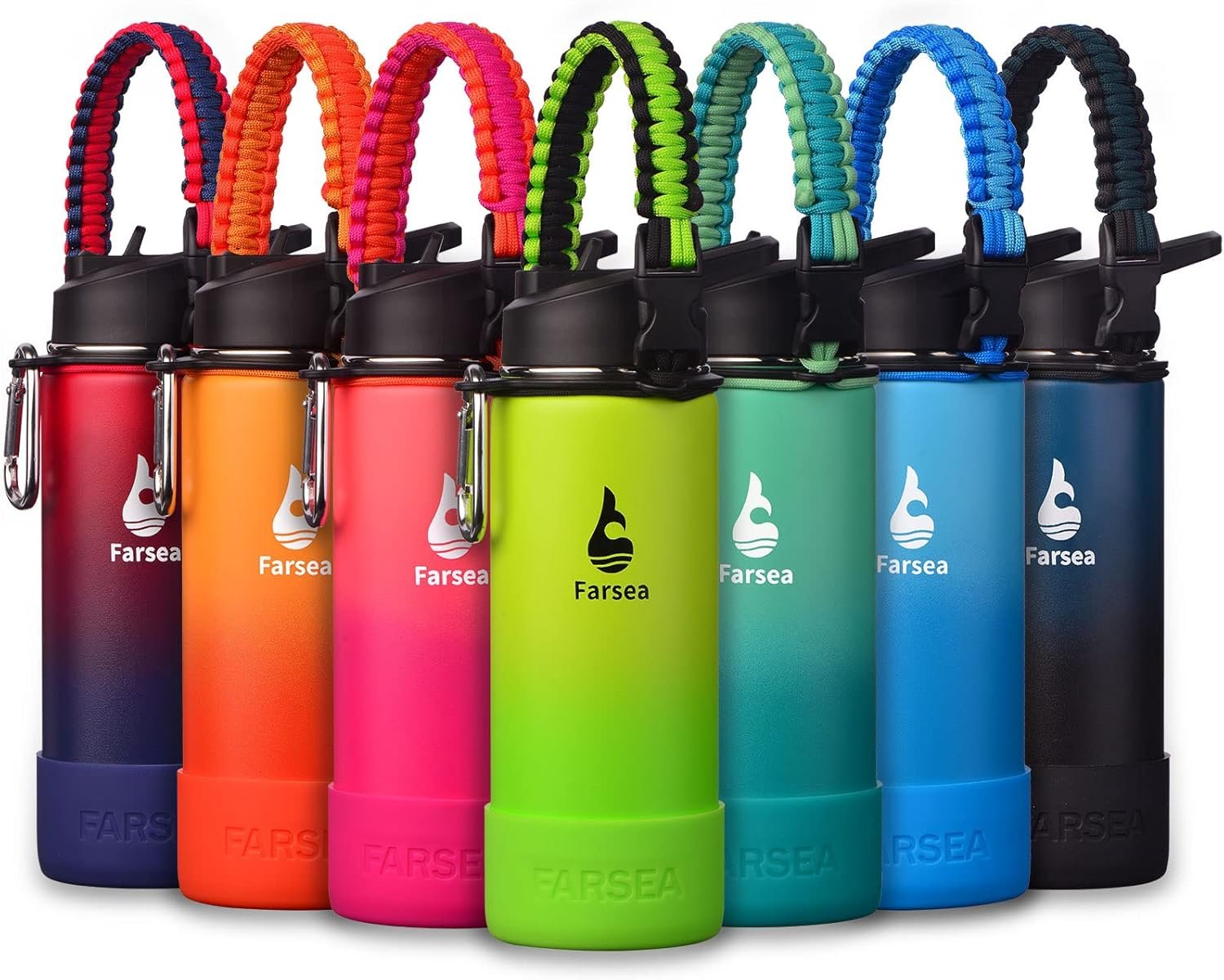 Farsea Insulated Water Bottle With Paracord Handle, Protective Silicone Boot and 2 Lids (Straw Lid & Spout Lid), Stainless Steel Water Bottle Wide Mouth, Double Wall Sweat-Proof BPA-Free, 18 oz