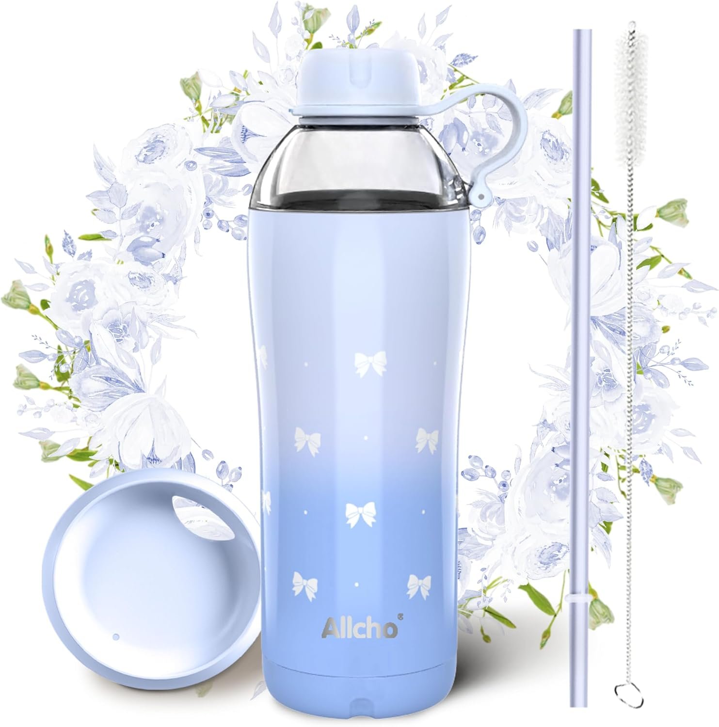 Bow Insulated Water Bottle for Women, 18 oz Stainless Steel Water Bottles, Double Walled, 2 Lids (Chug & Tumbler) – Hydrate & Caffeinate, Available Gift Wrapping