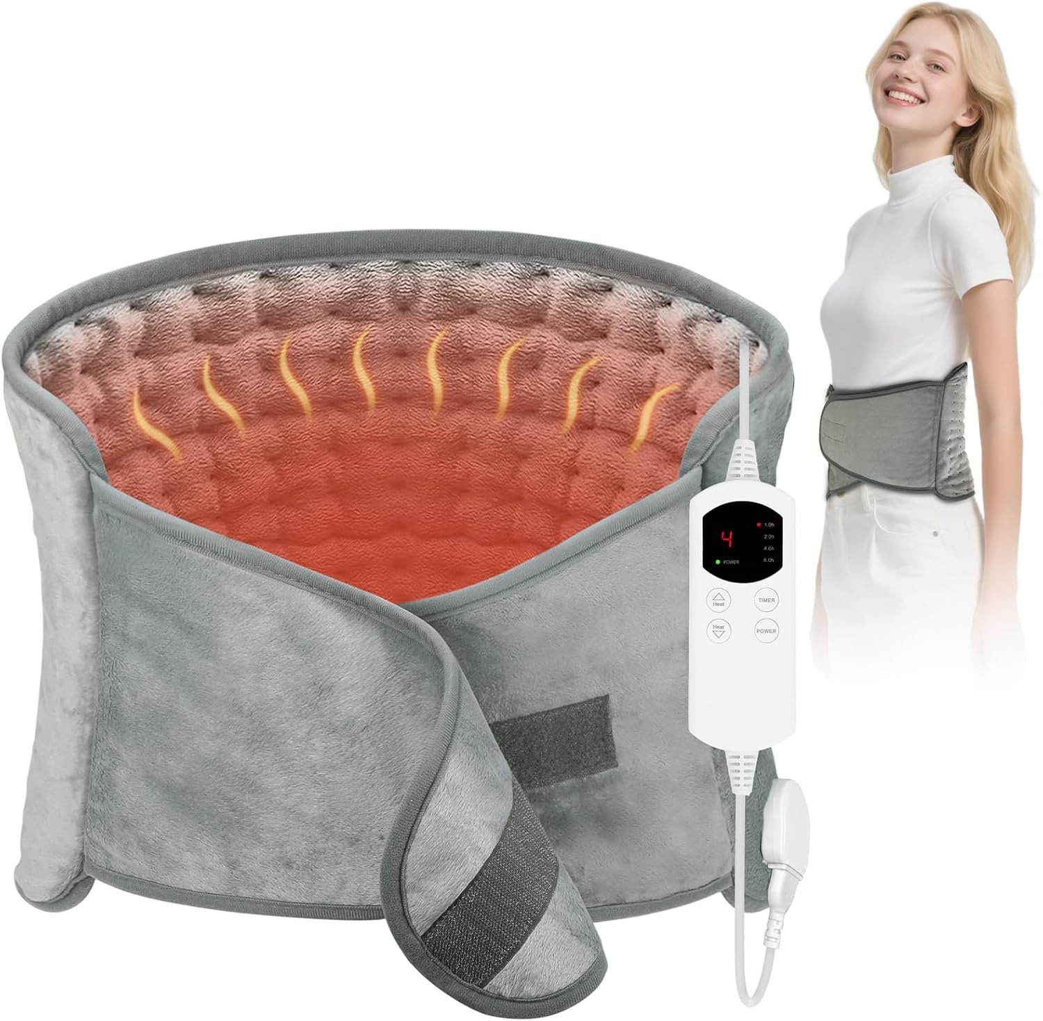 Heating Pad for Back & Period Cramps, 12″x24″ Large Electric Heating Pad with 26″ Waist Belt, 6 Heat Levels 4 Timers & Auto Shut Off, Gift for Women Men Mom Dad(Gray)