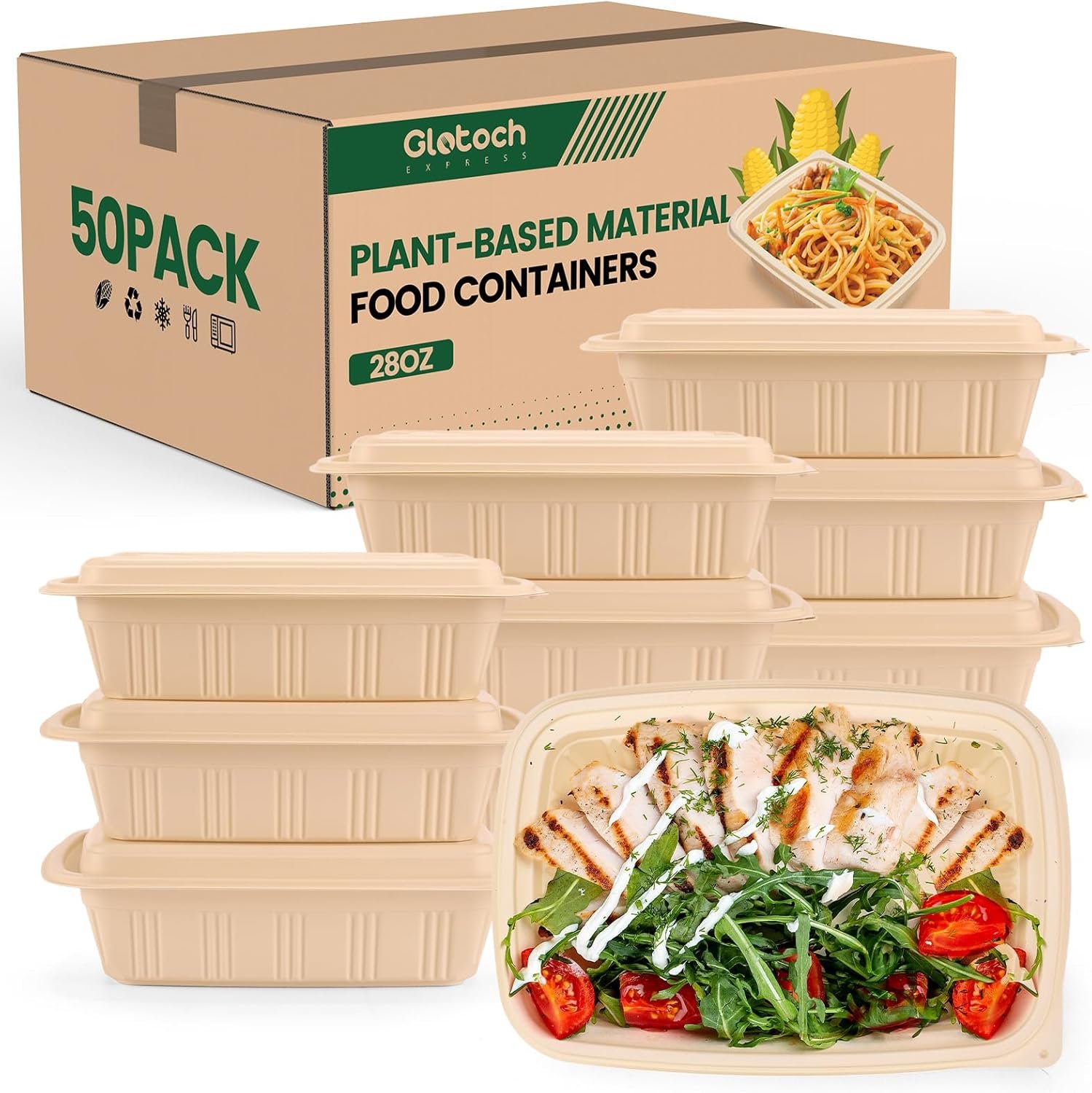 100 Piece (50 Pack) Meal Prep Containers with Lids, 28 oz Cornstarch Food Storage Containers Plant-based Lunch Box for Salad,BPA Free Plastic Take Out Containers Microwave and Freezer Safe