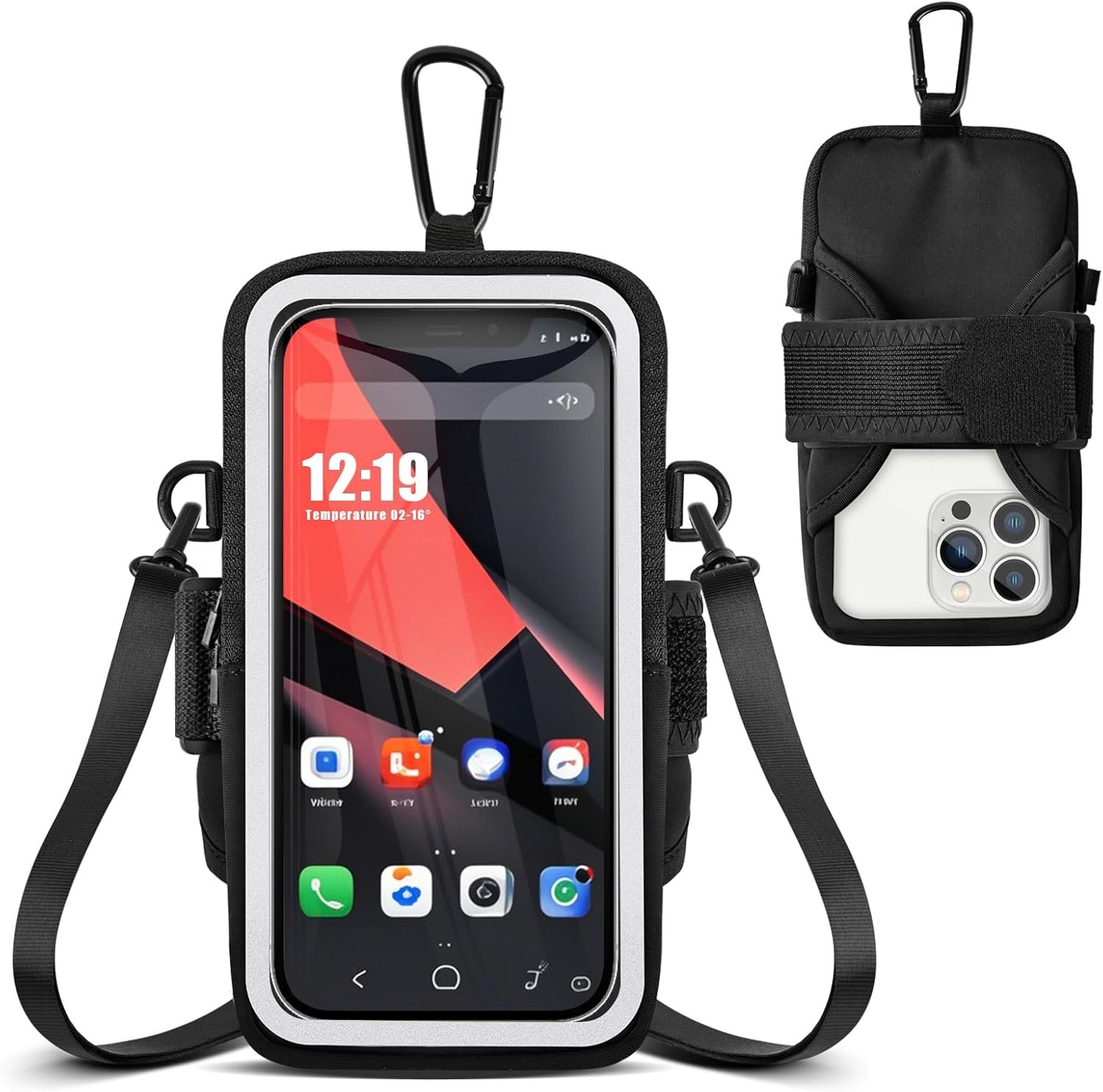 Phone Holder for Running, Walking & Workout, Cell Phone Armband with Carabiner, Clear Crossbody Phone Pouch Purse with Adjustable Lanyard for iPhone and Android – Suitable for Women and Men