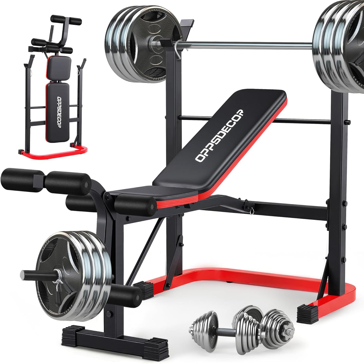 OPPSDECOR Foldable Weight Bench Set with Preacher Curl Pad and Squat Rack, 660LBS Adjustable Bench Press with Leg Extension and Leg Curl, Incline Decline Home Gym Bench for Women Teens Full Body Strength Training