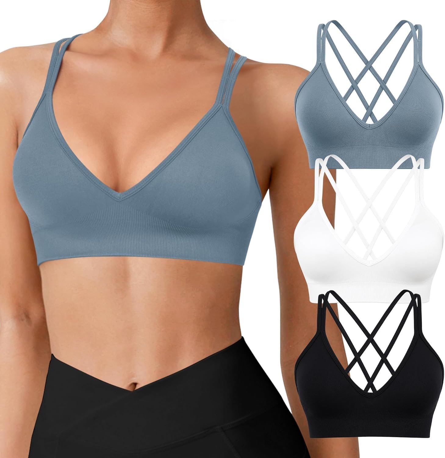 VEQKING Seamless V-Neck Women Sports Bras, Padded Cross Back Wireless Low Impact Workout Yoga Bras for Small Chests, 3 Pack