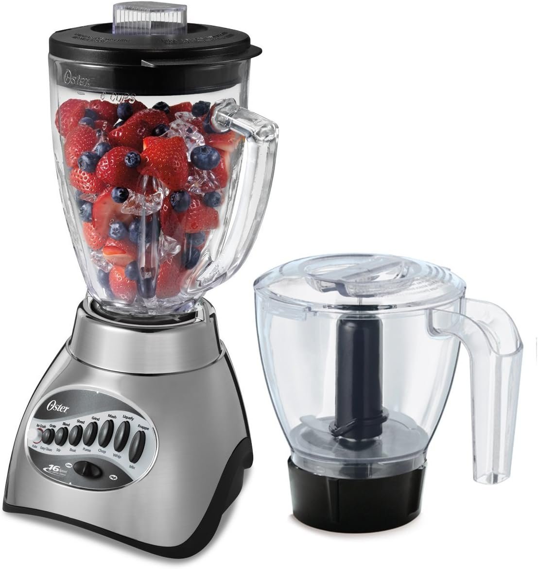 Oster Classic Series 16-Speed Blender with Food Chopper & 6-Cup Glass Jar, Countertop Kitchen Blender, Brushed Nickel