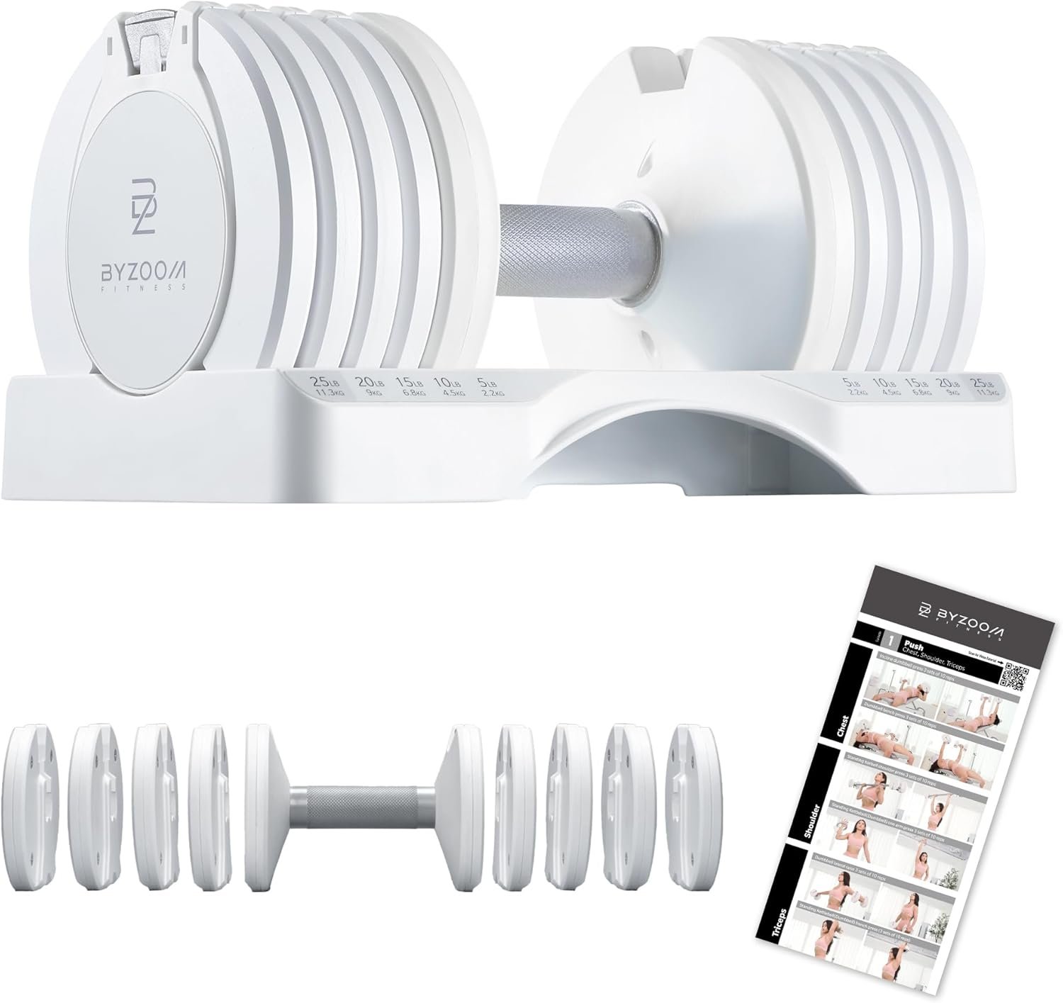 BYZOOM FITNESS Pure Series Adjustable Dumbbell – 12.5/25/27.5/75lb – ONE UNIT OR PAIR(check QTY before purchase) – 5-in-1/ 10-in-1 / 21-in-1 Flexible Hand Weights for Home Gym, Strength Training & Fitness Workouts, White OR Black
