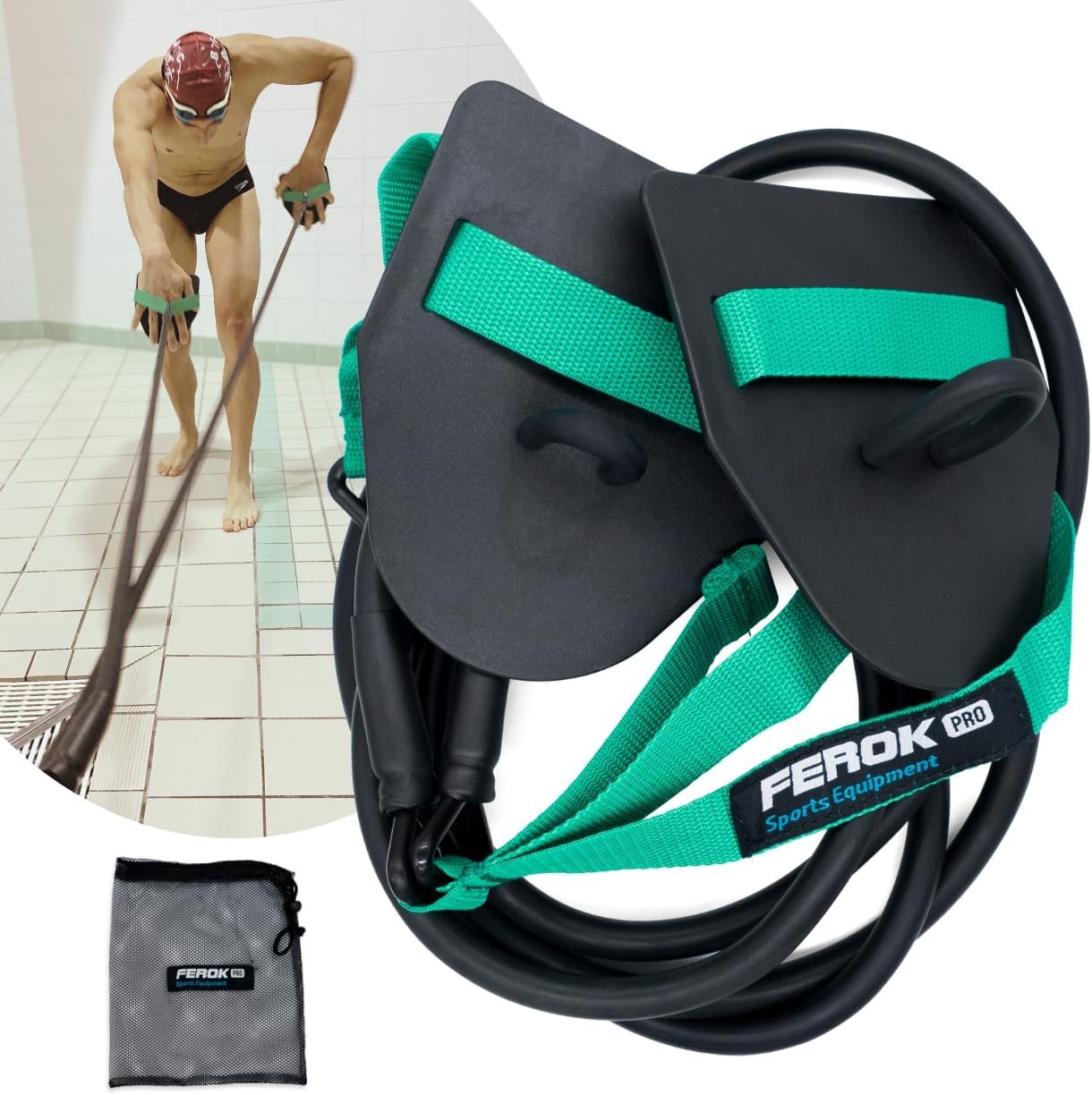 Swimming Resistance Band with Hand Paddles, Stretch Cord, Fitness Bands for Swimming, Training Equipment, Arm Strength Exercise, Powercord – Including Exercises – Medium Green