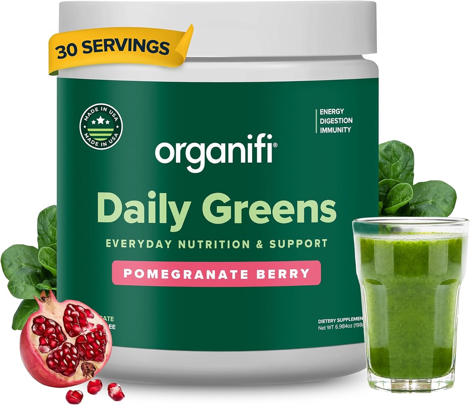 Organifi Daily Greens – Everyday Nutrition and Support – Greens Powder for Energy, Digestion, and Immunity, 30 Servings