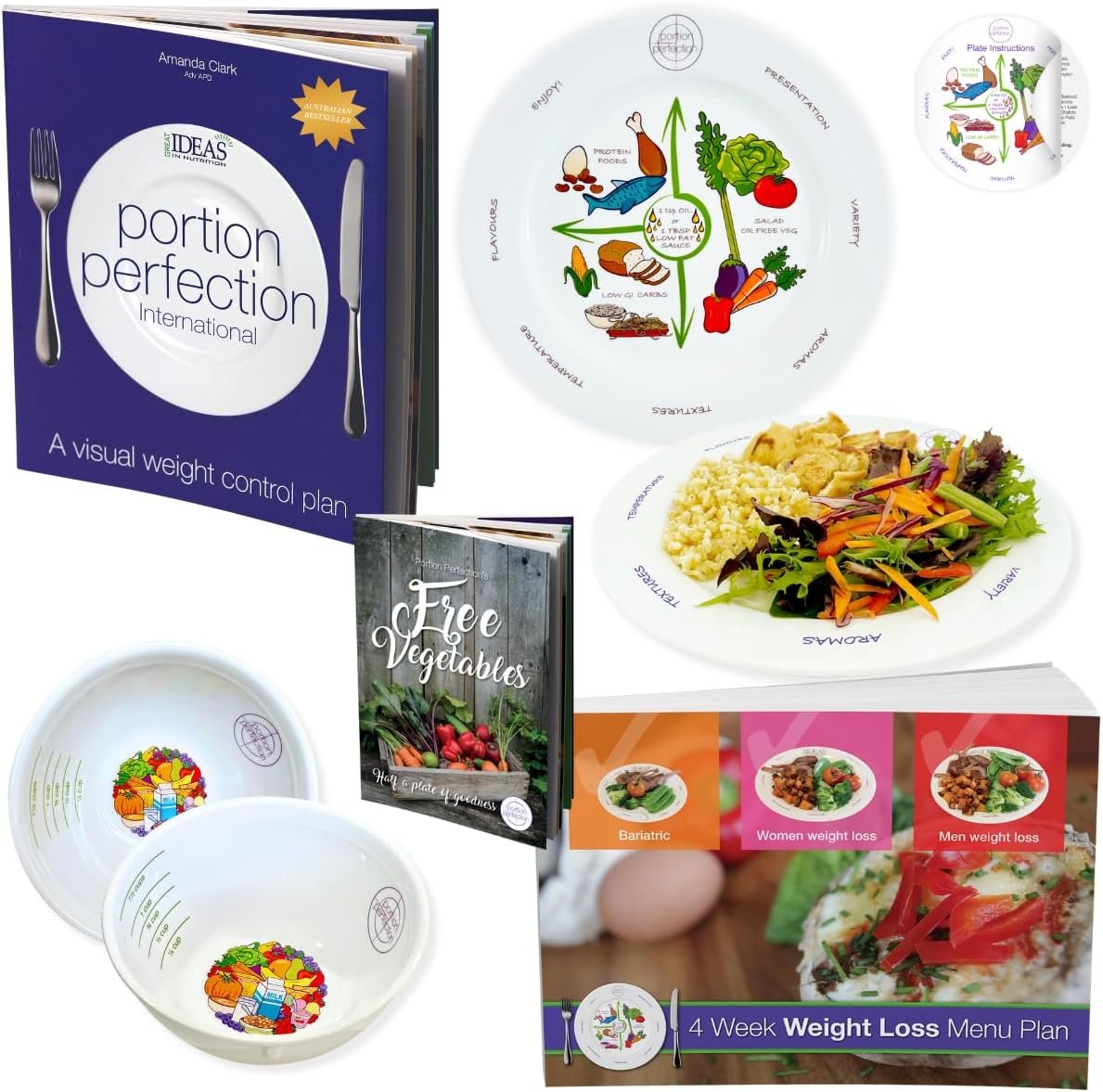 Portion Perfection Weightcontrol Plate System for Women & Men Melamine Diabetic and Weightcontrol, 4 Piece Weight Control Kit Includes Portion Plate, Measuring Bowl, Cookbook and Diet Plan