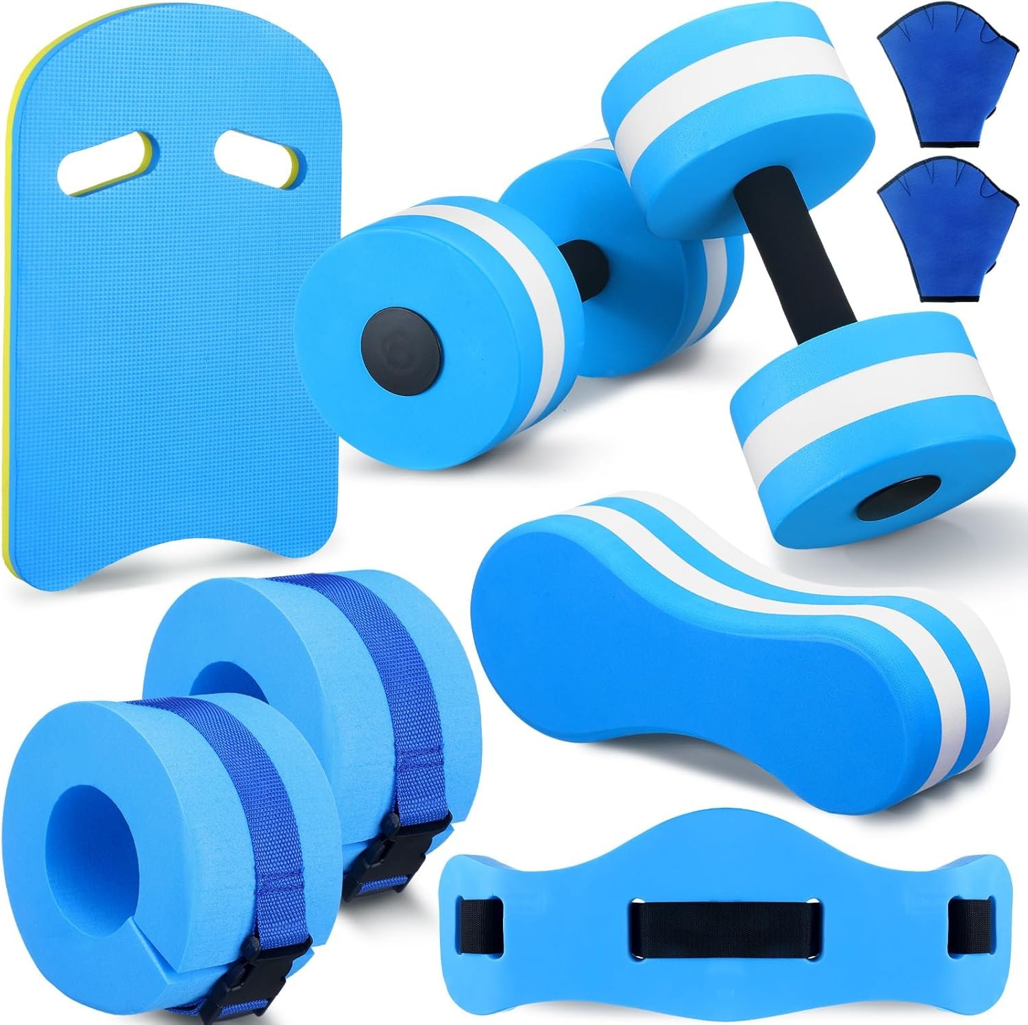 8 Pcs Water Aerobics Set Including Exercise Foam Dumbbells Aquatic Swim Belt Pull Buoy Swim Kickboard Sport Gloves Water Weights Equipment for Aquatic Fitness Weight Loss Fitness Tool