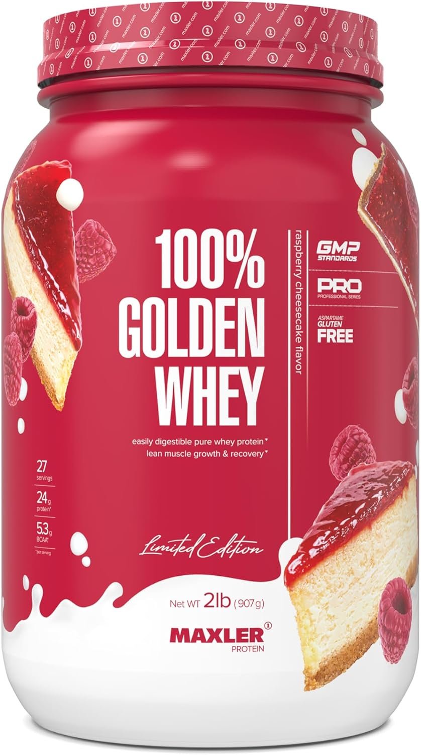Maxler 100% Golden Whey Protein – 24g of Protein per Serving – Whey Protein Powder for Pre Post Workout – Fast-Absorbing Whey Concentrate, Isolate & Hydrolysate Blend – Raspberry Cheesecake 2 lb
