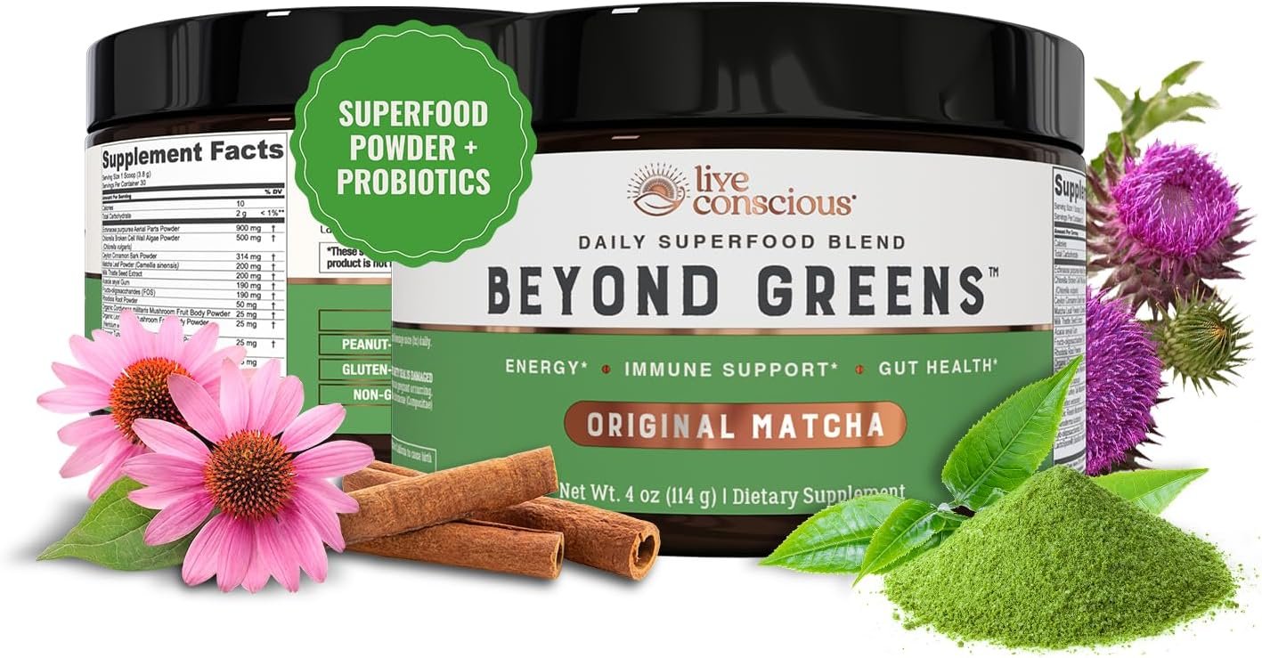 Live Conscious Beyond Greens Superfood Powder – Delicious Debloating Super Greens Powder – Matcha Greens Blend w/Chlorella, Echinacea, Probiotics for Immune Support & Energy