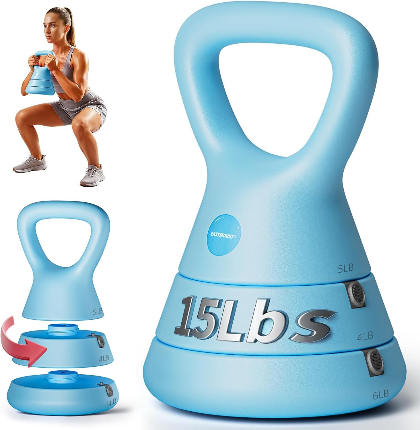 EAST MOUNT 15LB Adjustable Kettlebell Set – 3-in-1 (5/9/15 LB), Compact Adjustable Weights, Wide Triangle Handle and Wrist-Friendly Design for Home Gym, Full-Body Workouts and Strength Training
