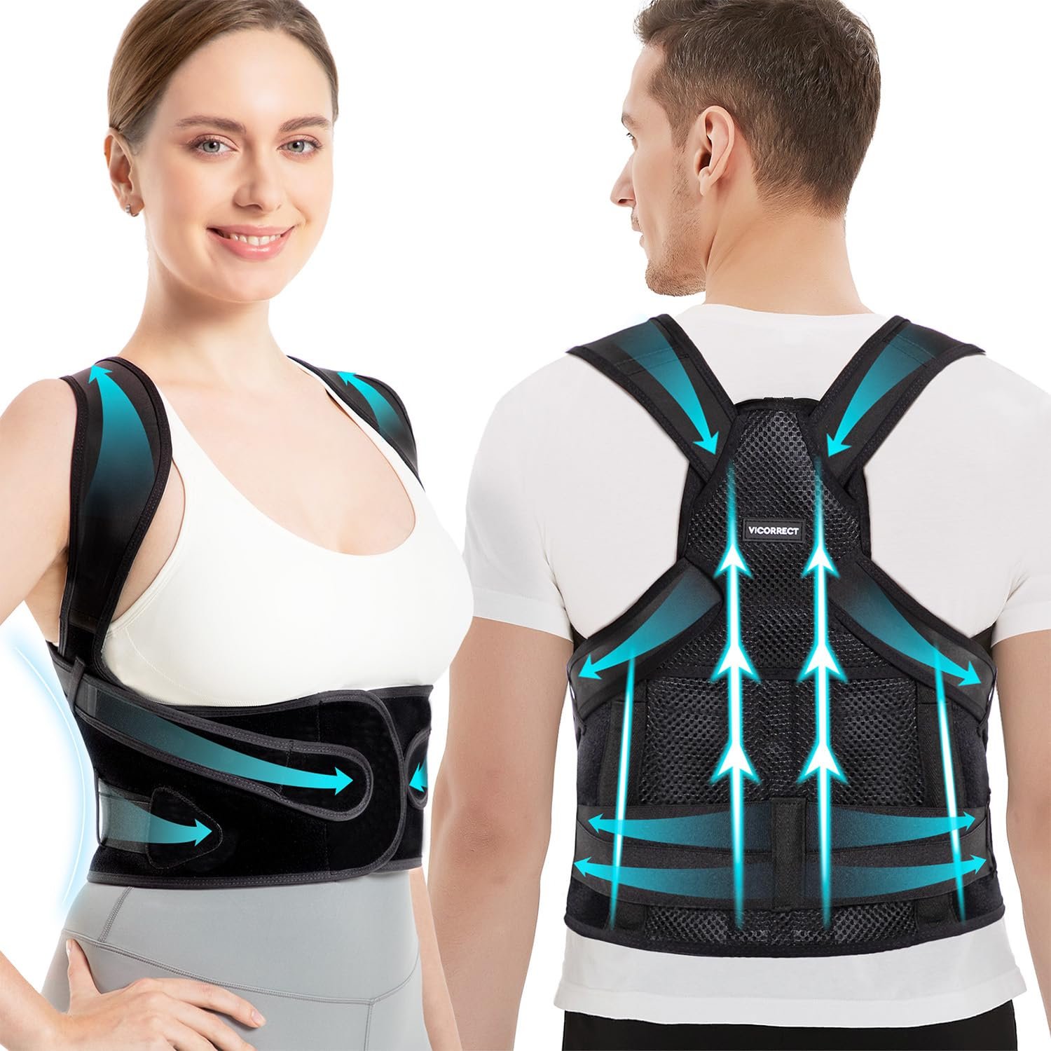 Vicorrect Posture Corrector for Women and Men: Back Support Brace Relieve Upper Back Shoulders Pain (Black, Large)