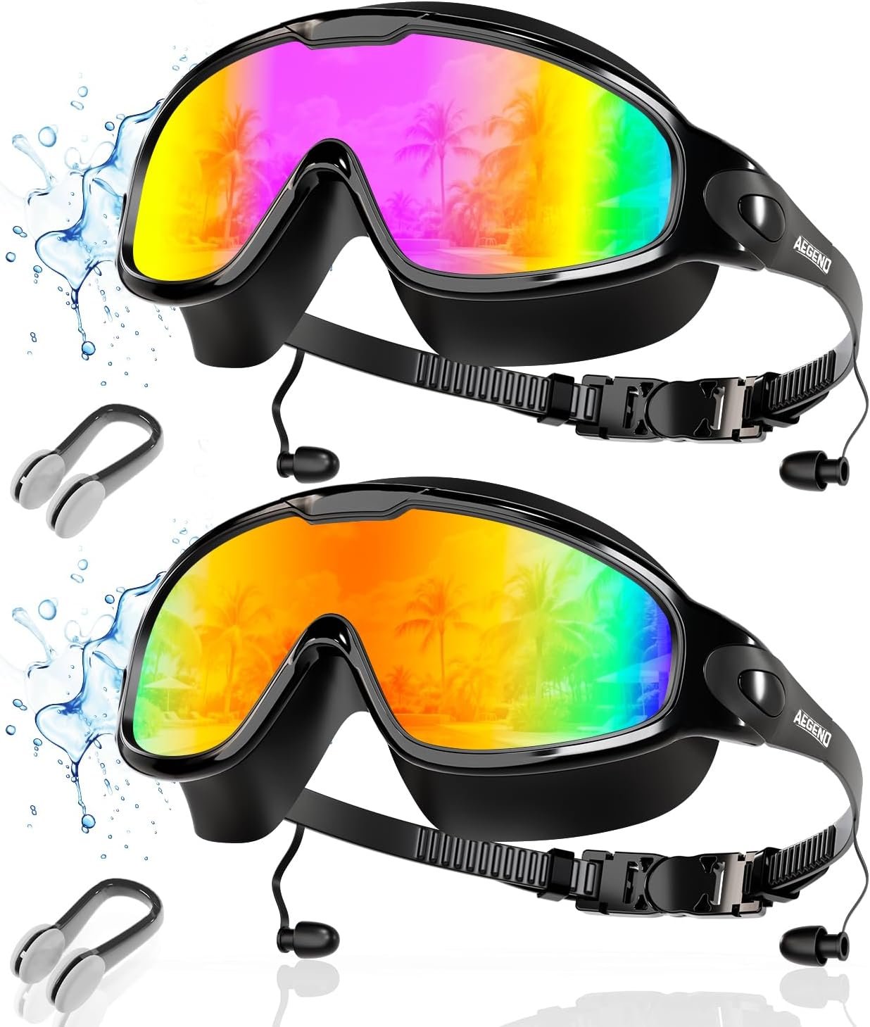 Aegend New Adult Wide View Swim Goggles, Anti-Fog/UV No Leak Swimming Goggles with Ear Plugs for Men & Women