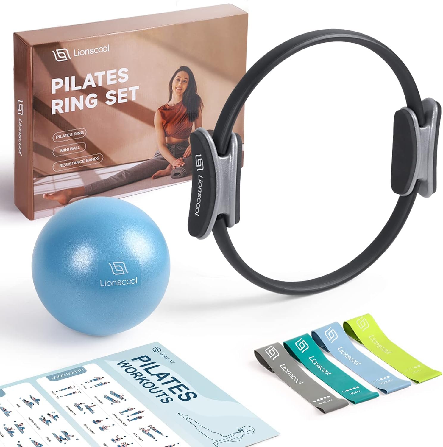 LIONSCOOL Pilates Ring Set – 14″ Anti-Deformation Magic Circle with Padded Handles, Mini Ball, Resistance Bands, Guide & Bag