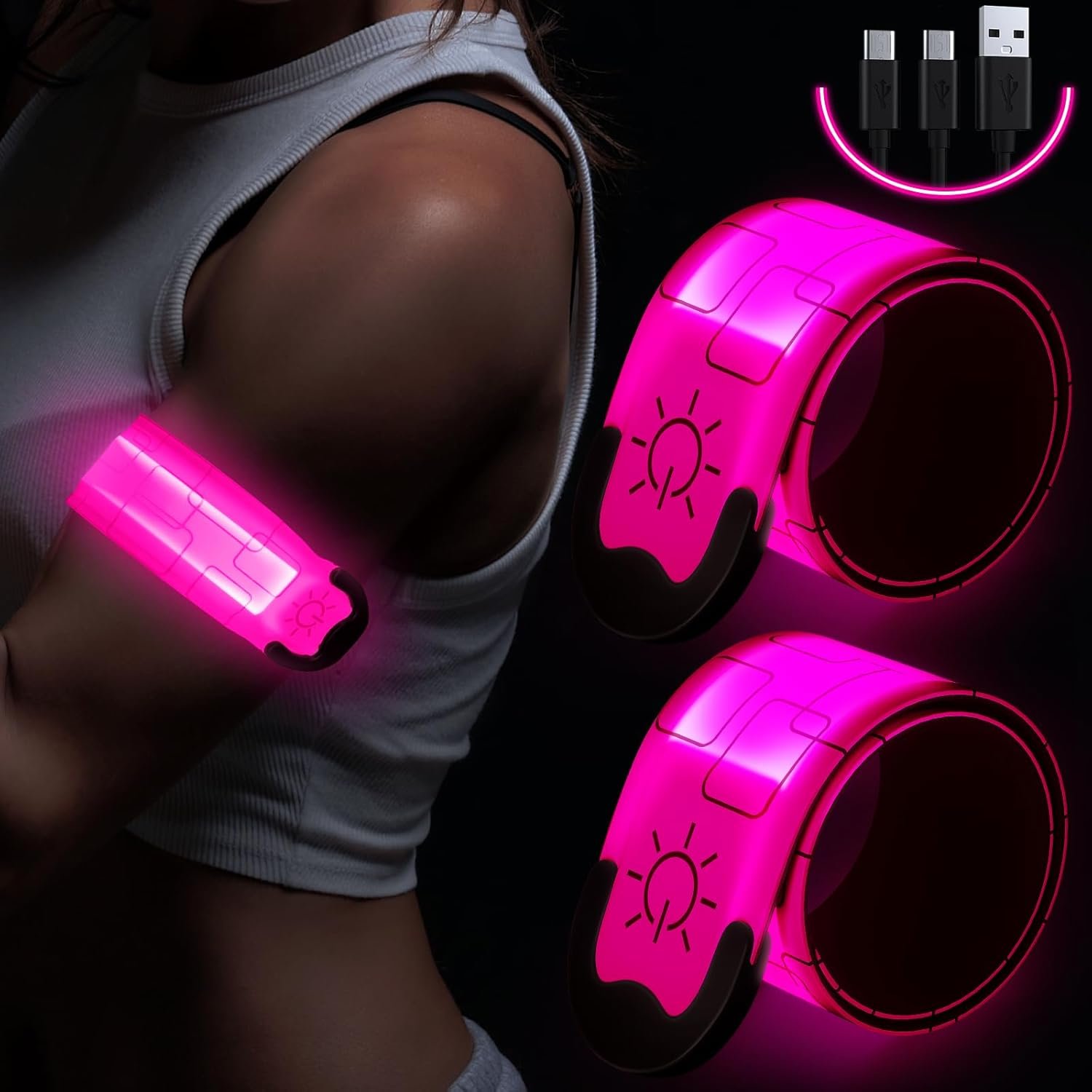 Simket LED Armband Rechargeable for Running(2 Pack), Running Lights for Runners, Running Lights, High Visibility Reflective Running Gear Adjustable Light Up Arm Bands for Men Women Kids