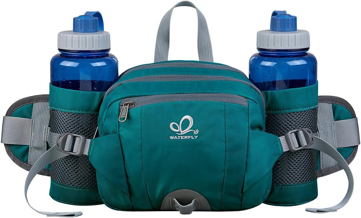 WATERFLY Fanny Pack Waist Bag: Fannie Pack 2 Water Bottle Holders Lumbar Belt Hiking Walking Running Jogging Camping Large Woman Man (Bottle Not Included)